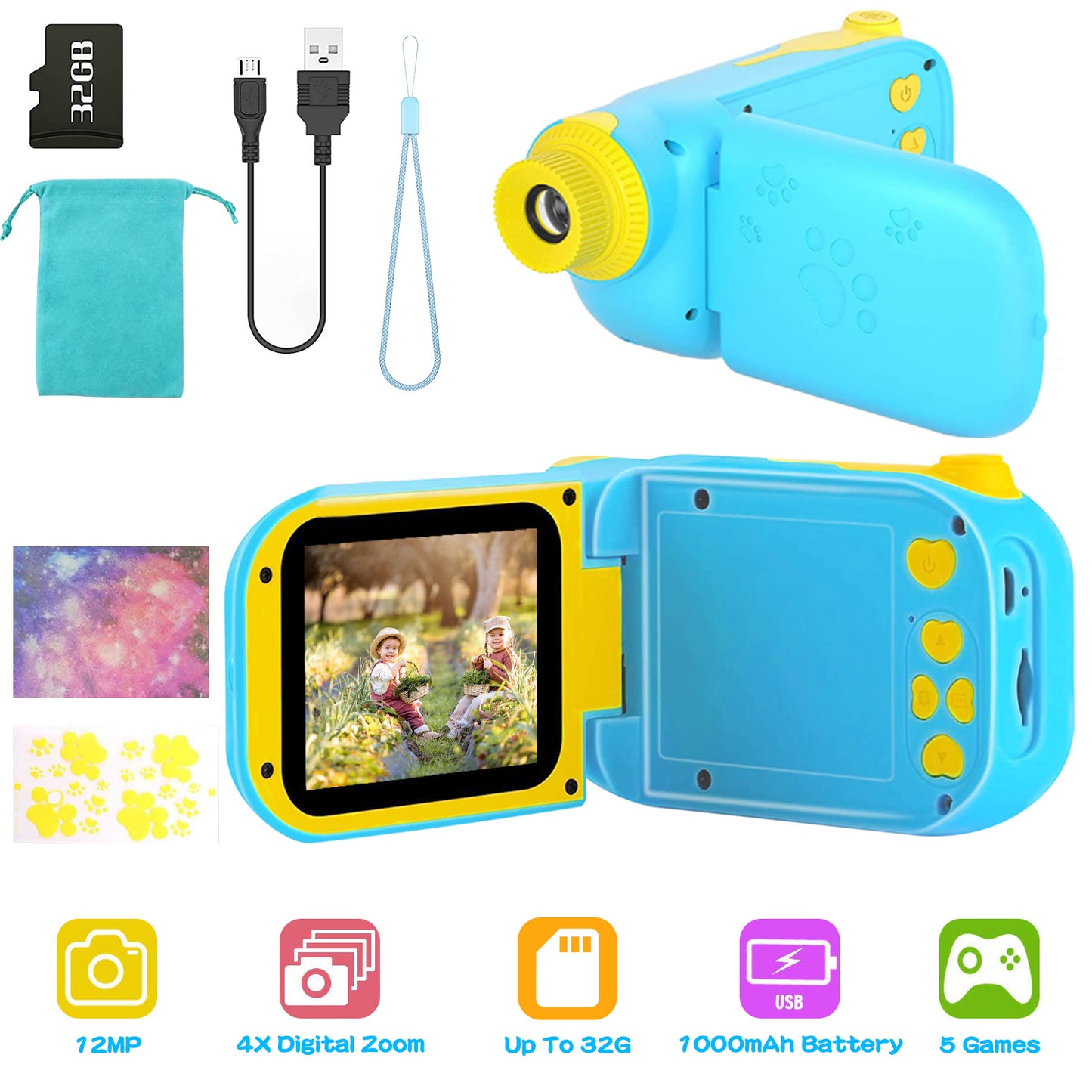 Kids Digital Camera Child Video Camera Children Camcorder Christmas Toy Birthday Gifts with 2.4in Screen 4X Digital Zoom 5 Games 32G MMC Card for 3-10