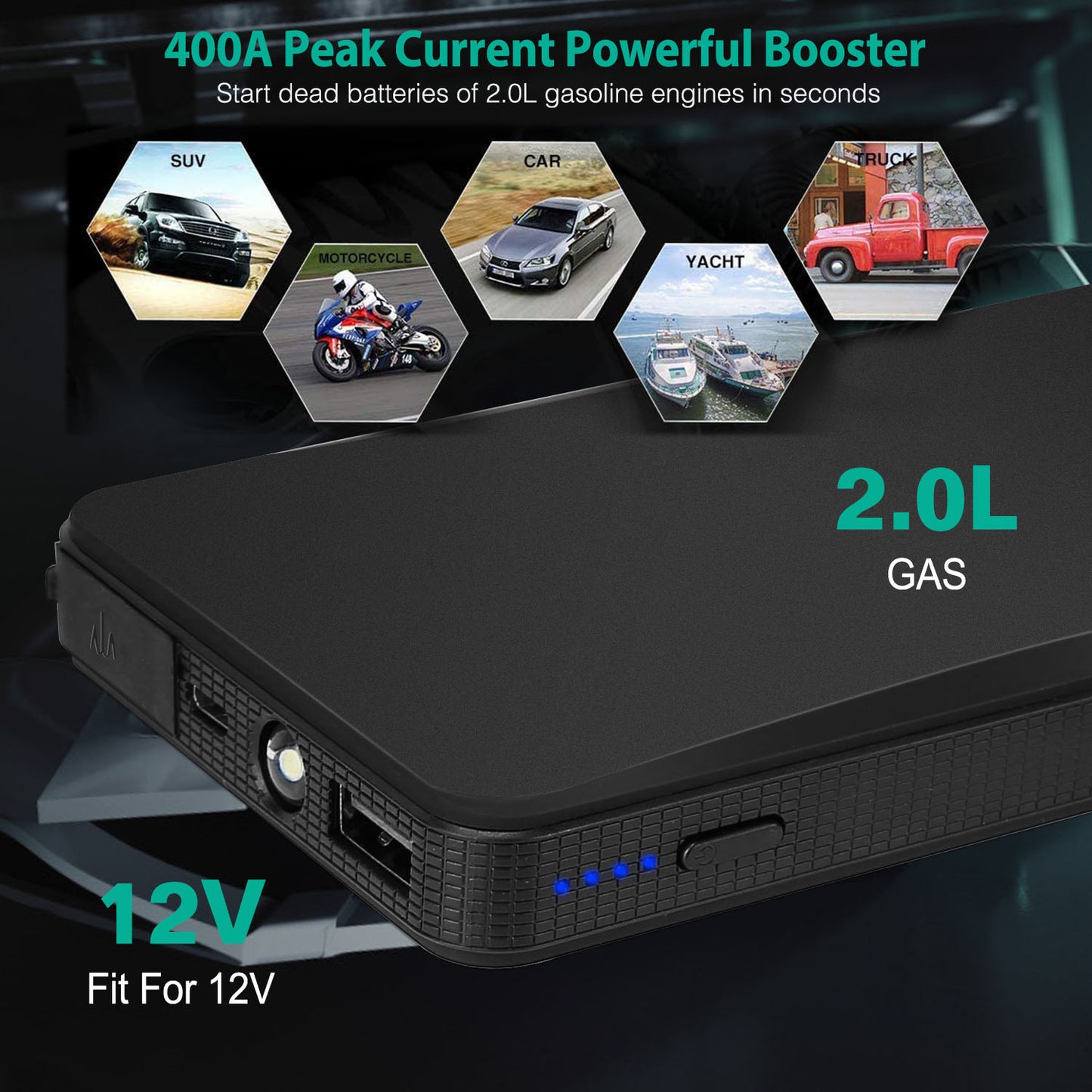 12V Car Jumper Starter 400A Peak 20000mAh Battery Charger Power Bank Portable Power Booster Battery w/ 3 Flashlight Modes