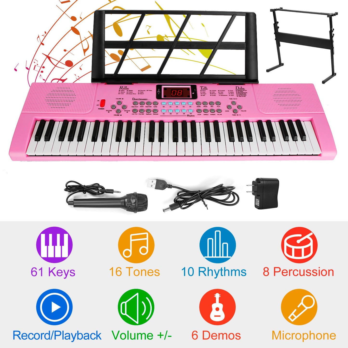 61 Keys Digital Music Electronic Keyboard Electric Musical Piano Instrument Kids Learning Keyboard w/ Stand Microphone For Beginners