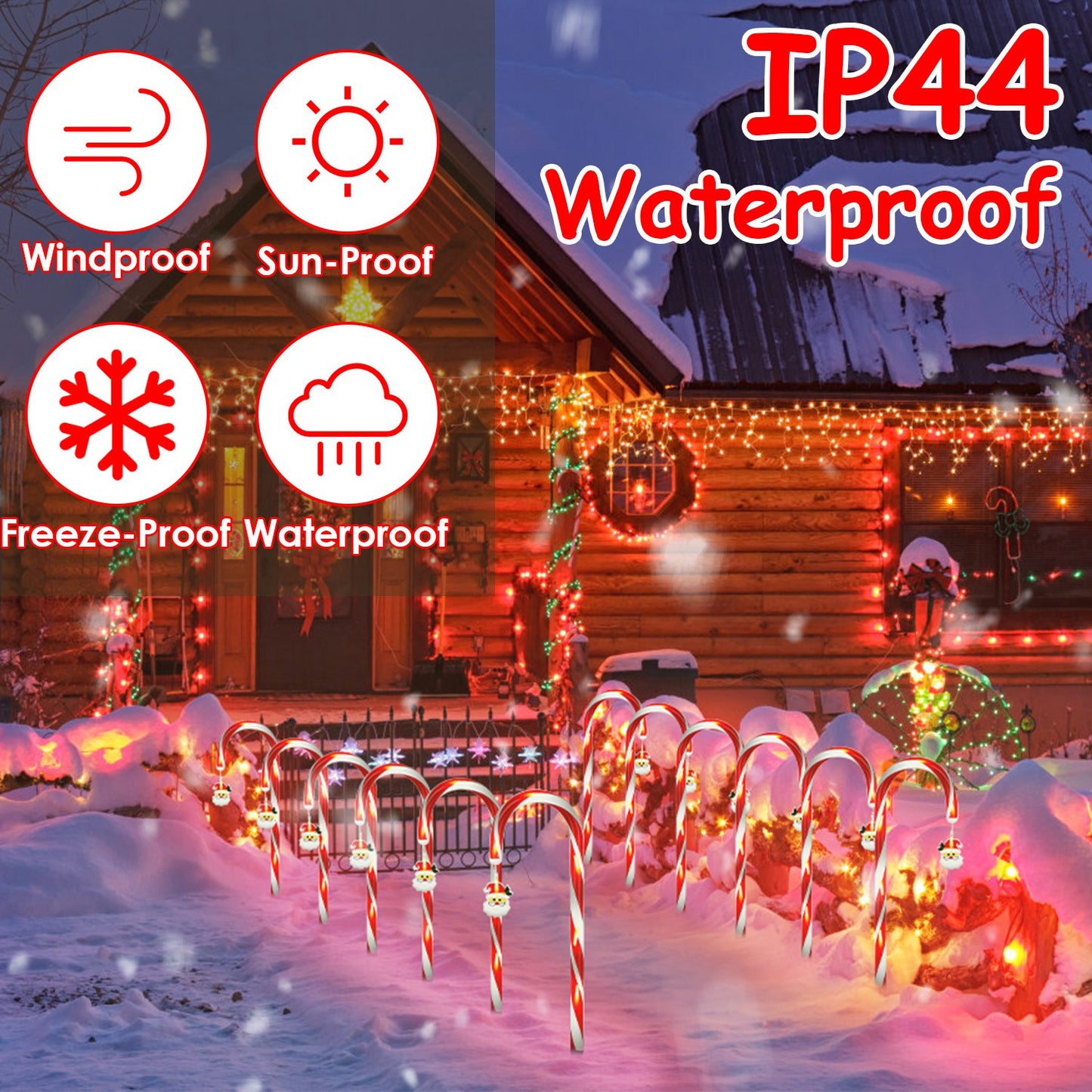 Solar Christmas Candy Cane Lights with 12 Candies 72LEDs Outdoor Christmas Decorations IP44 Waterproof Flickering Pathway Markers String Lights with 8