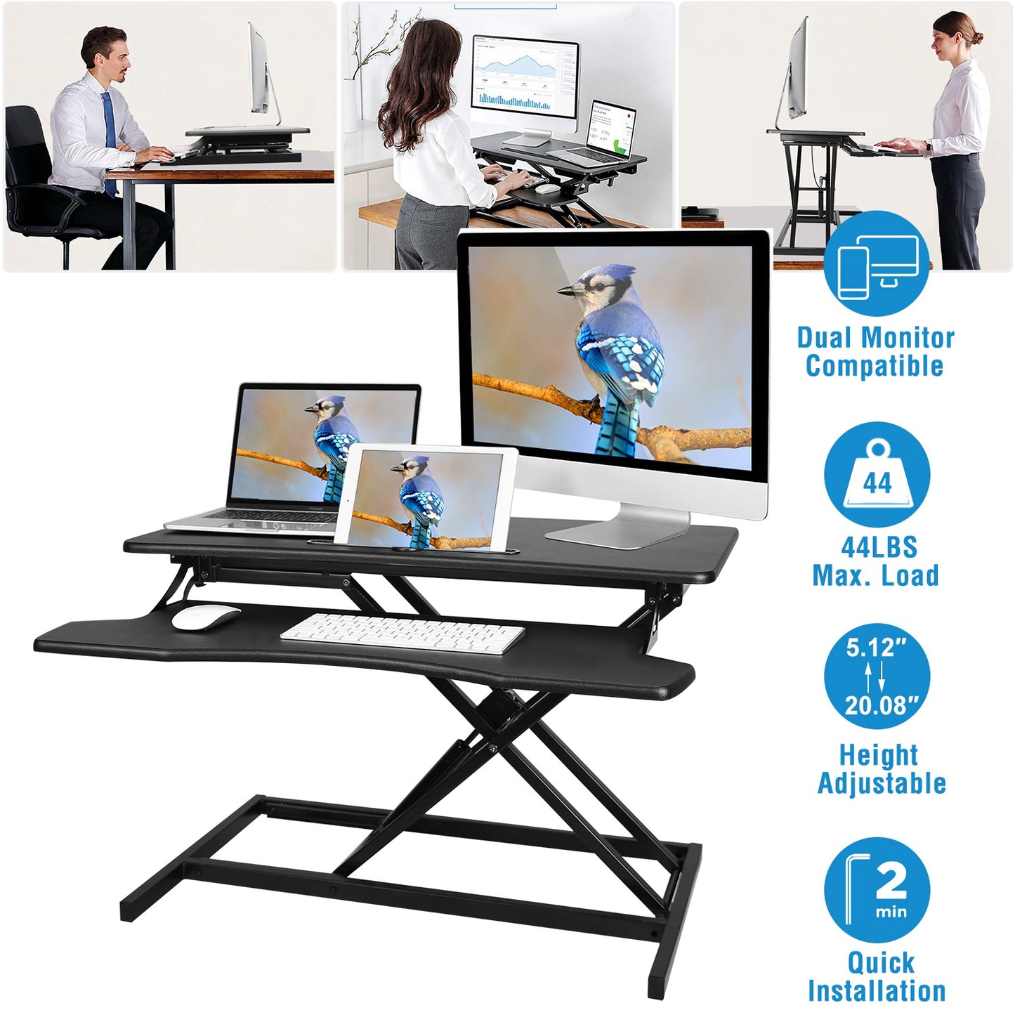 Height Adjustable Standing Desk Converter Workstation Sit Stand Dual Monitor Laptop Desk Riser Tabletop