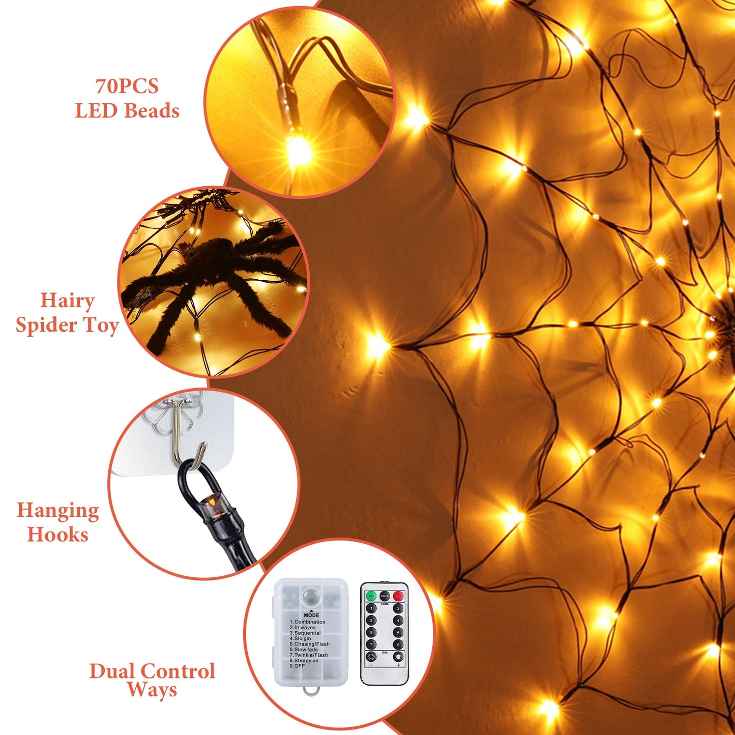 LED Spider Web Light – 3.28FT, 70LED, Remote Control, 8 Modes