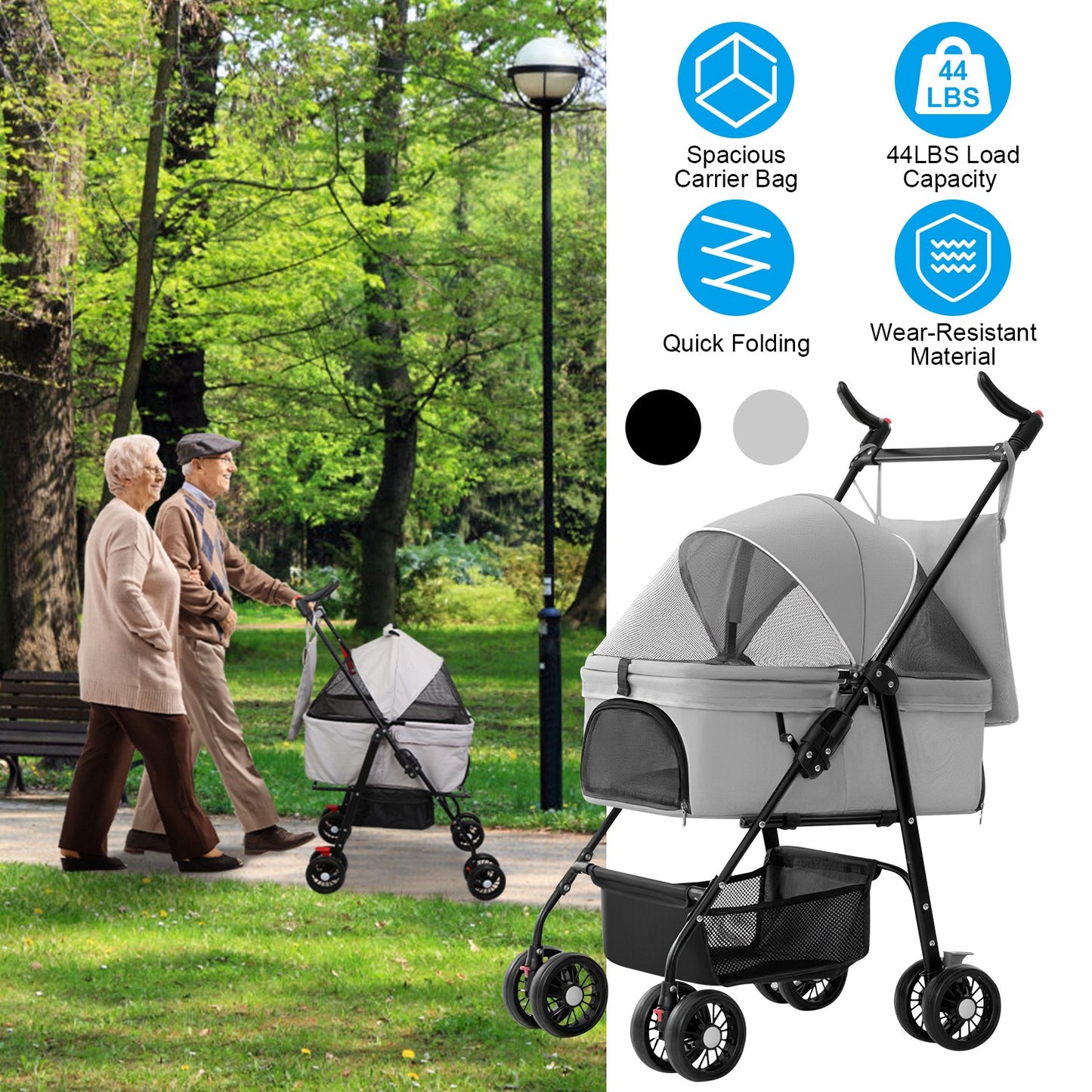 4 Wheels Pet Stroller Foldable Carrier Strolling Cart Travel Jogger Pet Stroller with Removable Liner Storage Basket for Dog Cat