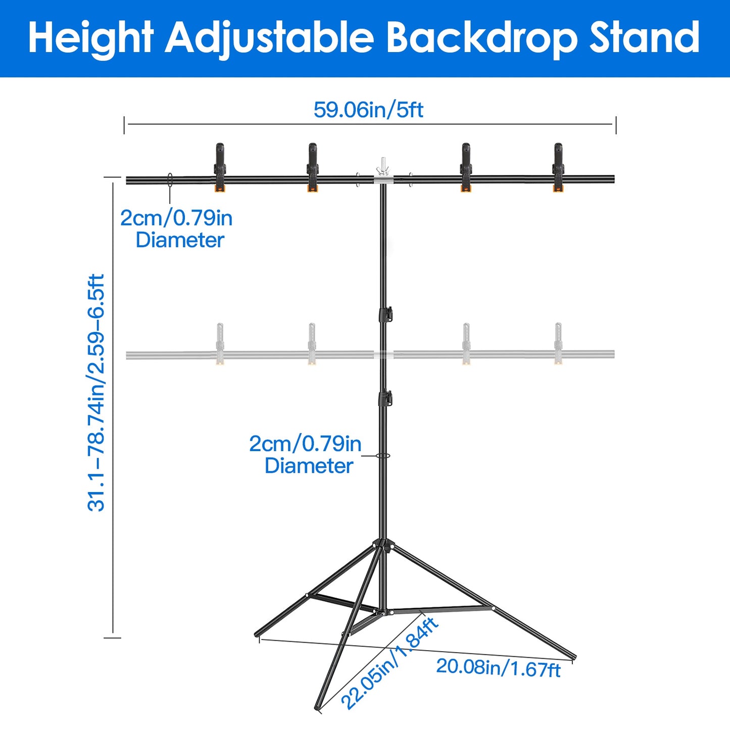 5 6.5FT T-Shape Photo Video Backdrop Stand Heavy Duty Background Stand Adjustable Photography Backdrop Stand with 6 Spring Clamps Sandbag Carry Bag fo