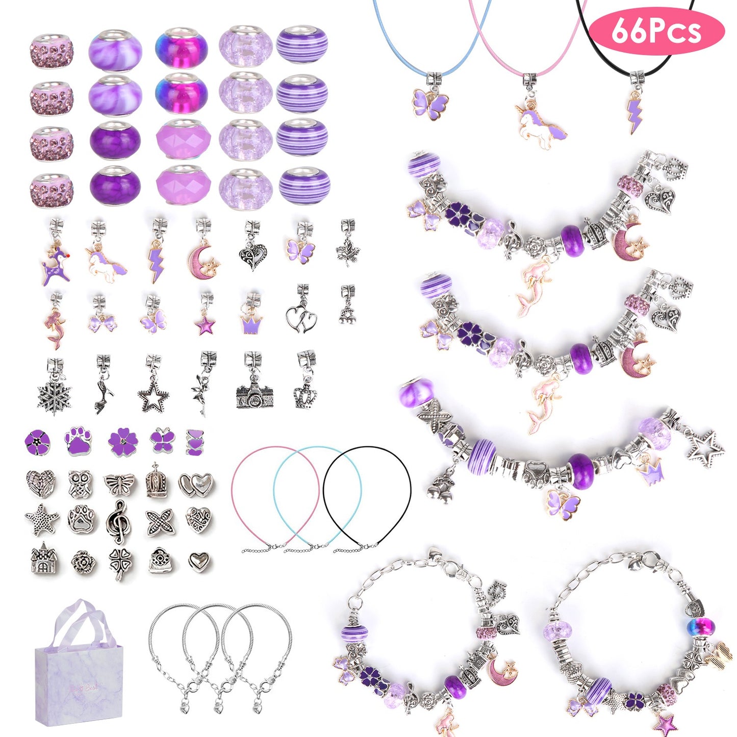 66Pcs Charm Bracelet Making Kit Kids\' Jewelry Necklace Making Kits Colorful DIY Charm Beads Pendant SetÊJewelry Decor Supplies with Gift Box for 5-12