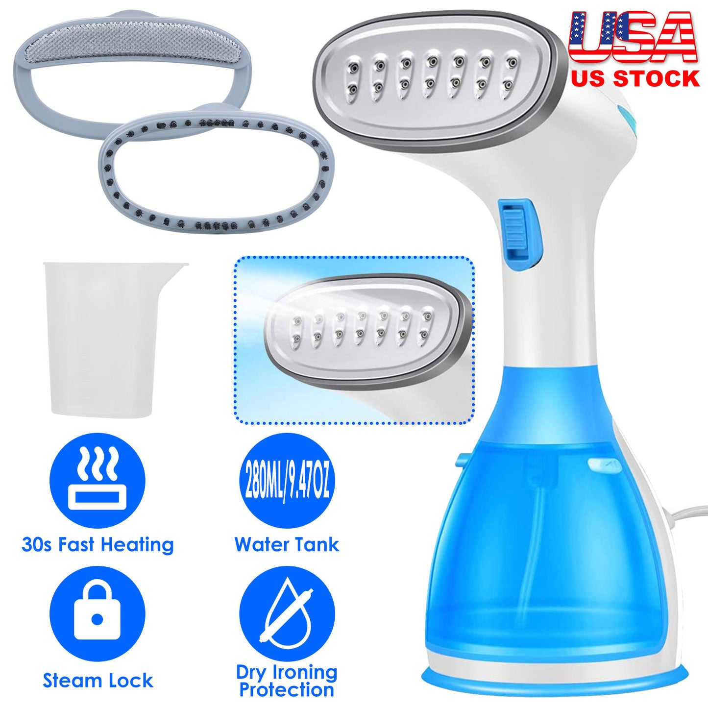 1500W Portable Handheld Clothes Steamer with 2 Brush Electric Travel Steamer for Garments Clothing Wrinkles Remover Dry Ironing Protection 30S Heat Up