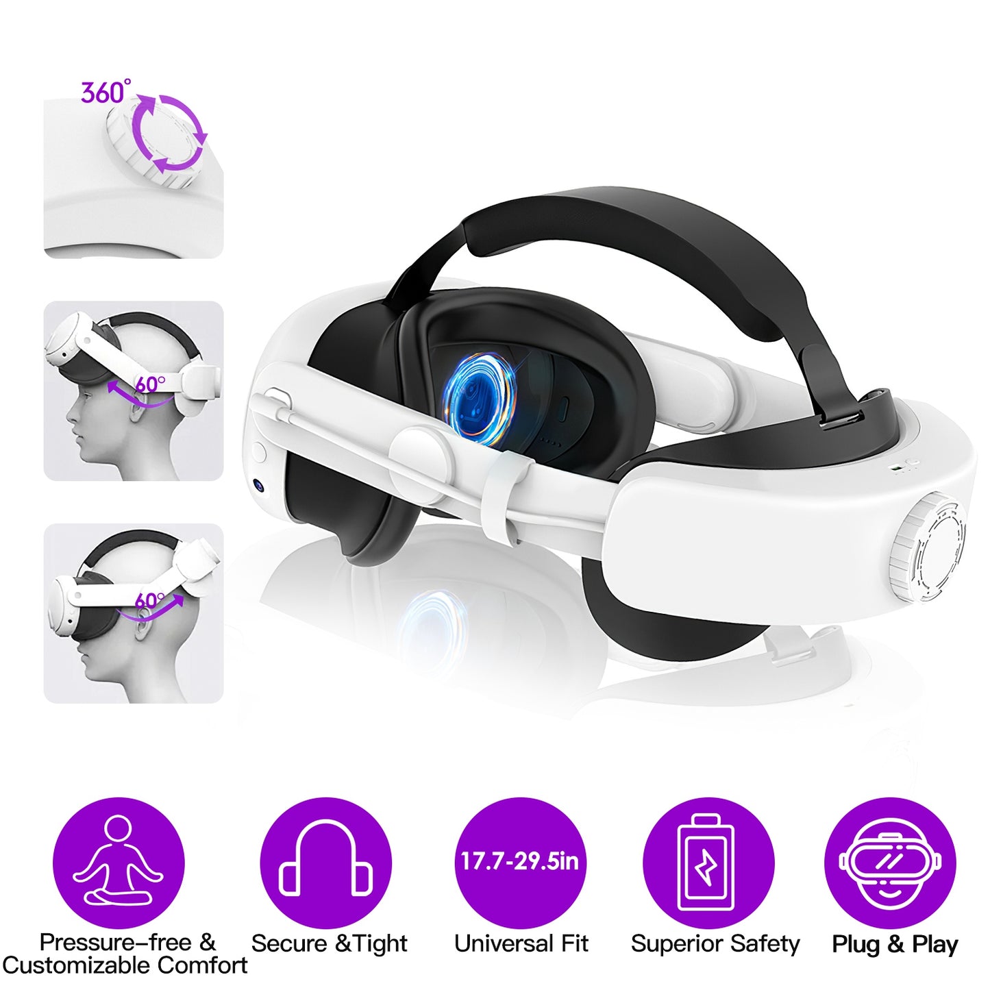 Adjustable Head Strap Compatible with Oculus/Meta Quest 3 VR Accessories Charging Headband Pressure-free Elite Strap with 6000mAh Rechargeable Battery