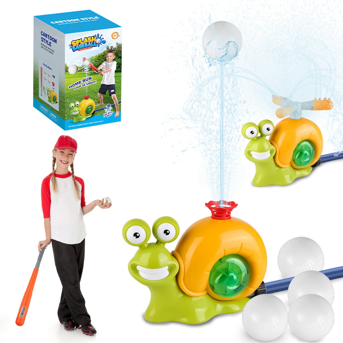 2 In 1 Snail Water Sprinkler Baseball Toy With 2 Sprinkler Nozzles 360¡ Rotating Spray Baseball Sprinkler Summer Water Toy For 4-8Years Old Boys Girls