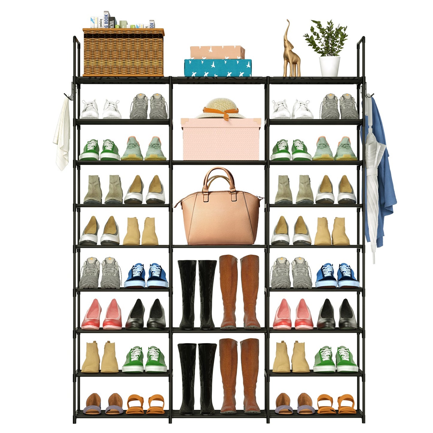 9 Tiers Shoe Rack Metal Shoe Storage Shelf Free Standing Large Shoe Stand 50-55 Pairs Shoe Tower Unit Tall Shoe Organizer with 2 HooksÊfor Entryway Cl