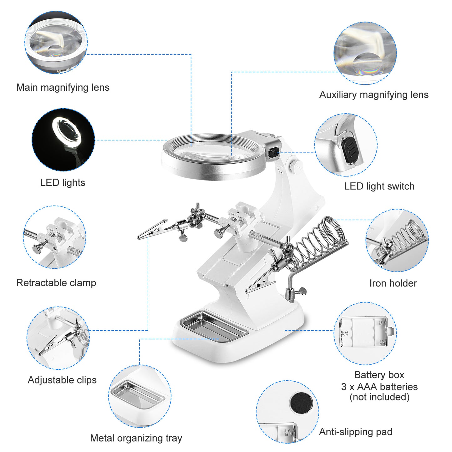 LED Light Helping Hands Magnifying Glass 3X/4.5X w/ 360¡Adjust Third Hand Soldering Vise