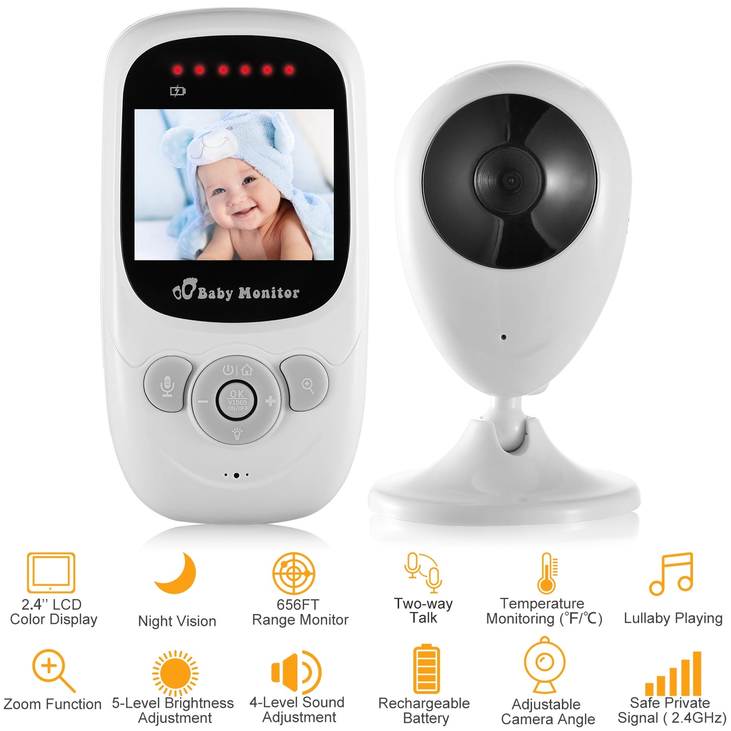 656FT Video Baby Monitor w/ Digital Camera Infrared Night Vision 2.4ÕÕ LCD Two-way Talk Zoom Function 2.4GHz Wireless Transmission Temperature Monitor
