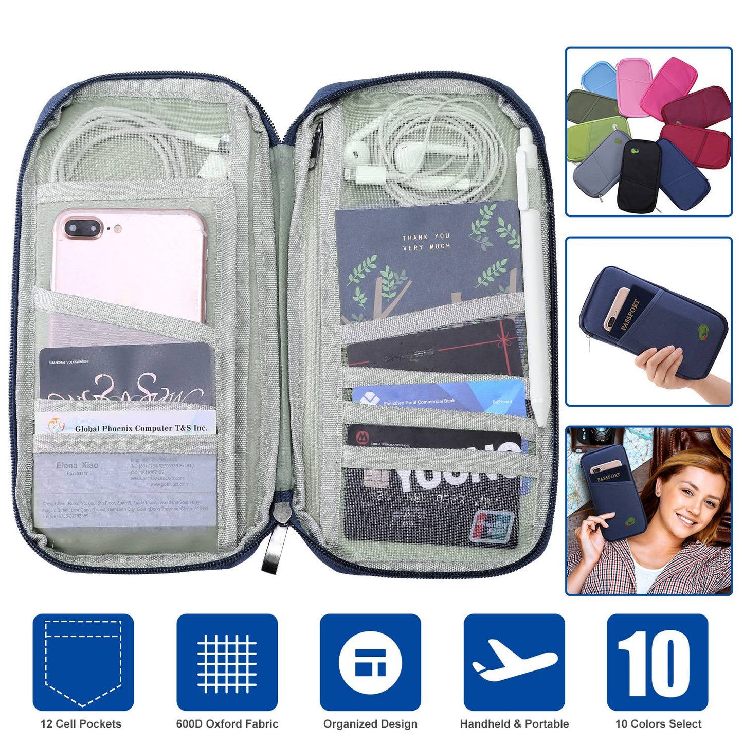 Travel Passport Wallet 12Cells Ticket ID Credit Card Holder Water Repellent Documents Phone Organizer Zipper Case Business Trip Daily Use