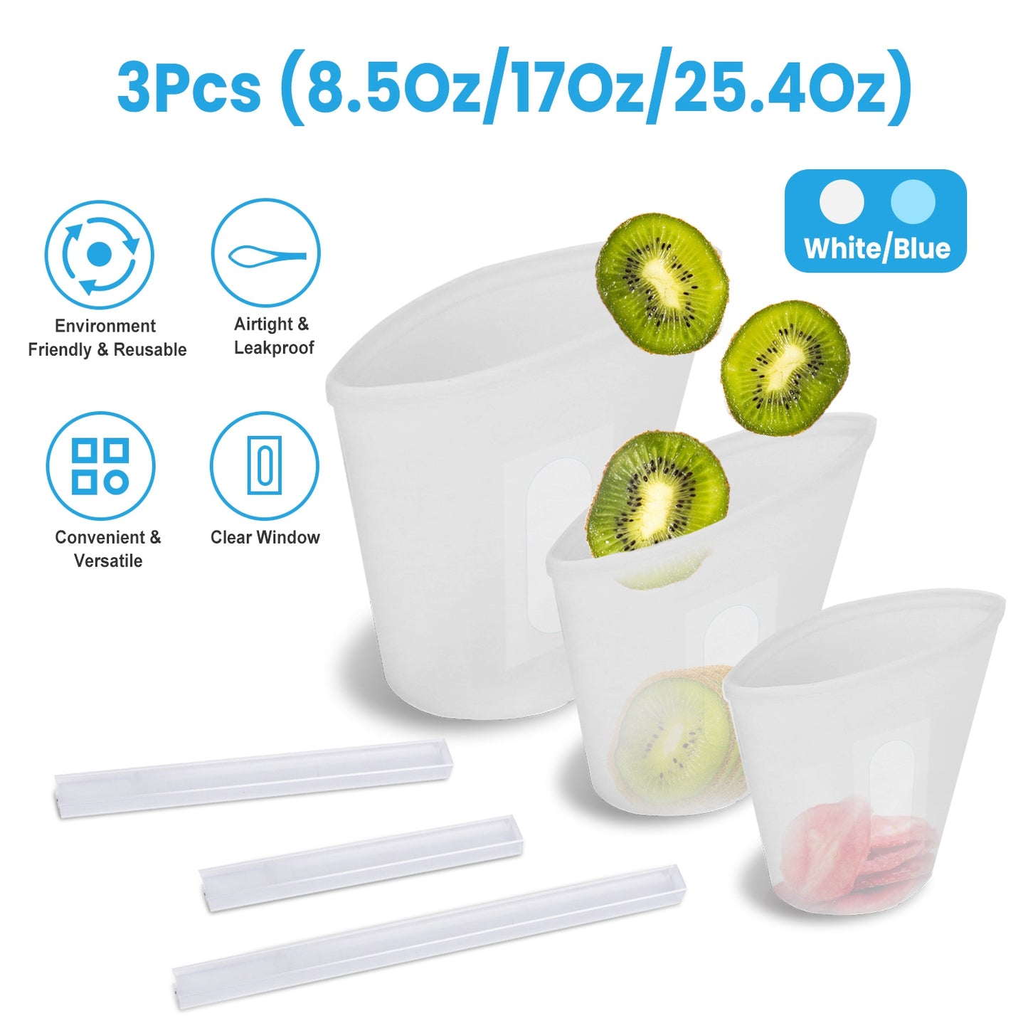 3Pcs Silicone Food Storage Bags Reusable Leakproof Food Container Set with 3 Seals Microwave Dishwasher Safe Environment Friendly 8.5Oz/17Oz/25.4Oz