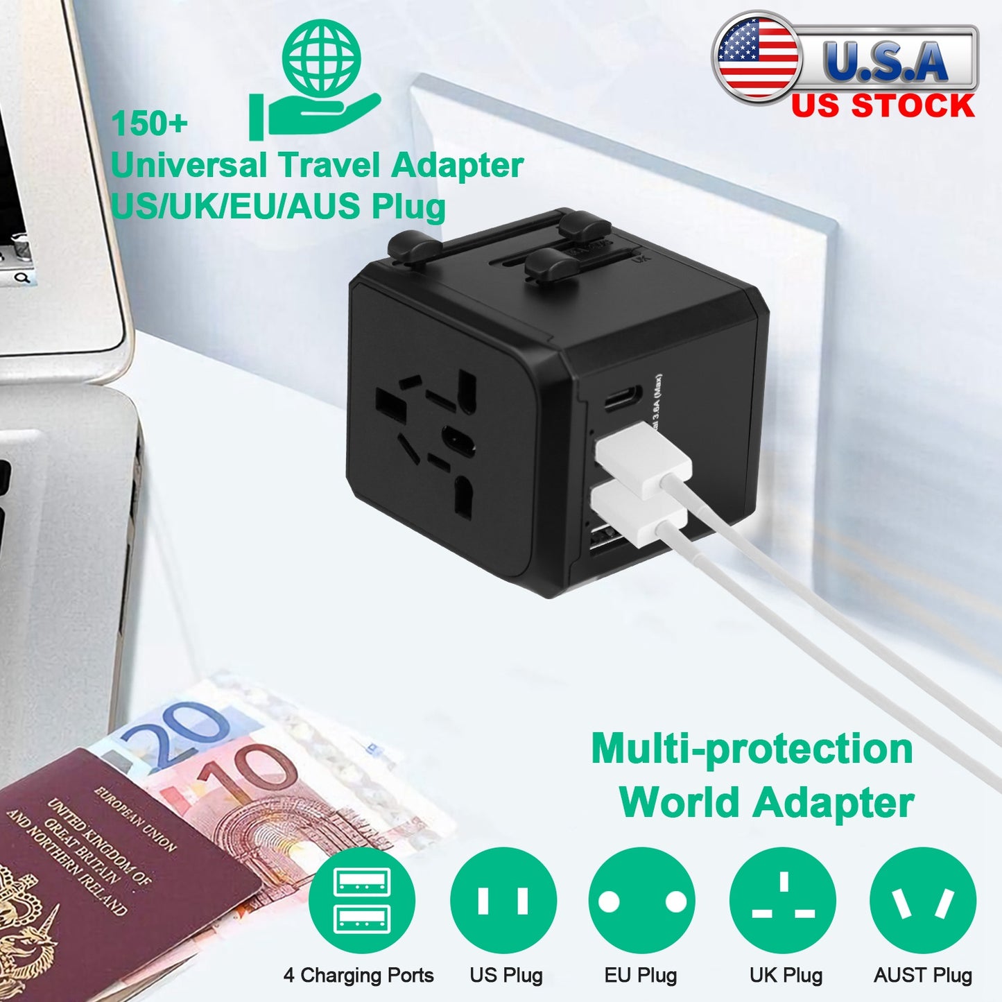 Universal Travel Power Adapter All in One AC Power Plug Adapter International Wall Charger with 4 Charging Ports for Phones Tablets Cameras US UK EU A