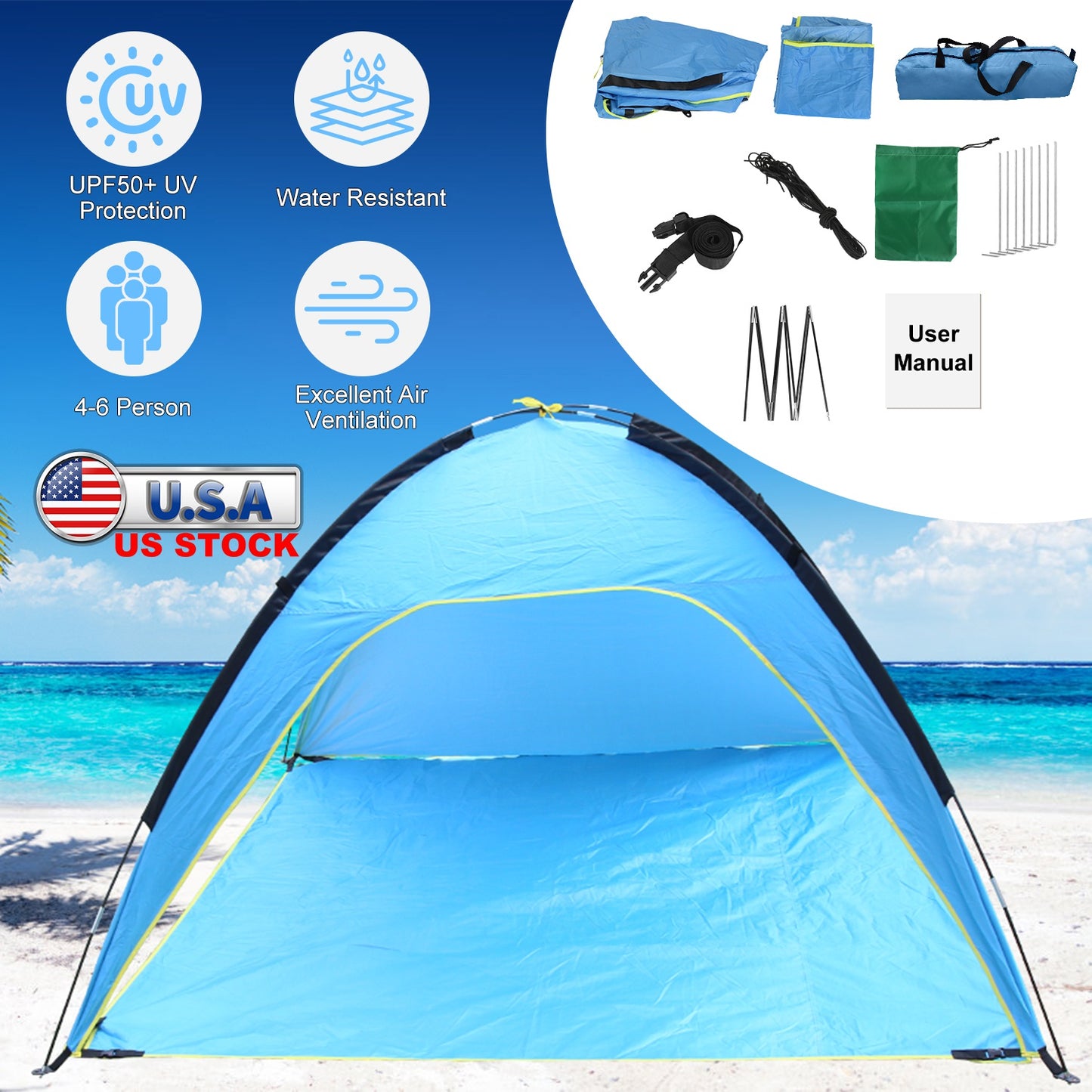 Beach Tent Outdoor Waterproof Tent Canopy for 4-6 Person with 3 Door Openings Carrying Bag UPF50+ Easy Setup for Beach Picnic Camping Hiking Adventure