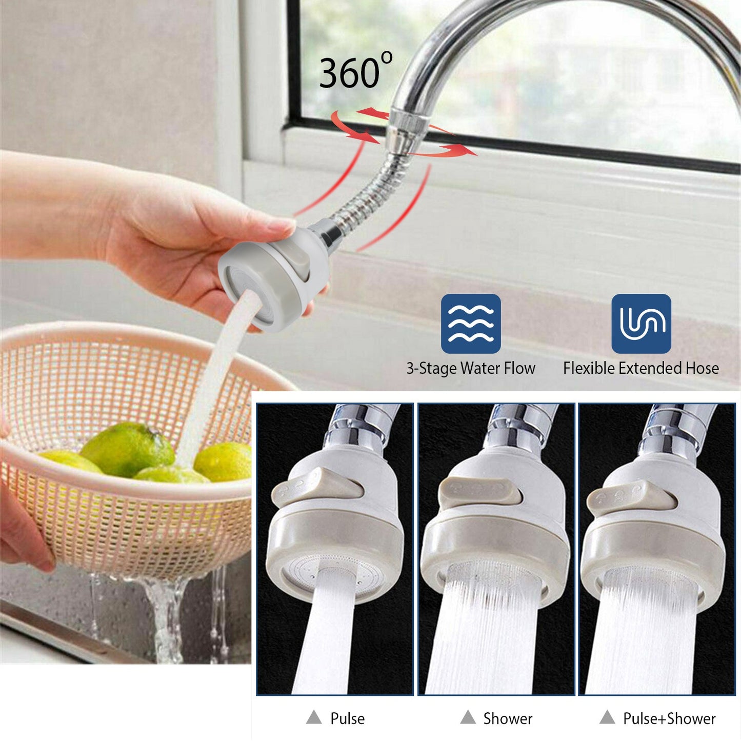 Movable Kitchen Tap Head 360¡ Rotatable Swivel Water-Saving Faucet Anti-Splash Sink Tap Head Spray Aerator w/ Three Modes Flexible Extended Hose For H