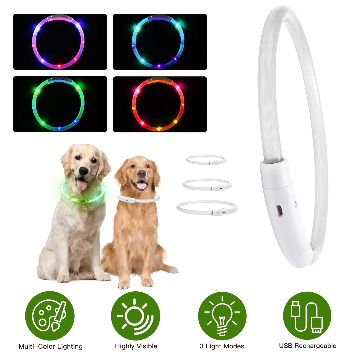 USB Rechargeable LED Dog Collar Multi-Color Lighting Dog Safety Collar Cuttable Length Glow Dog Collar For Small Medium Large Dog Night Walking