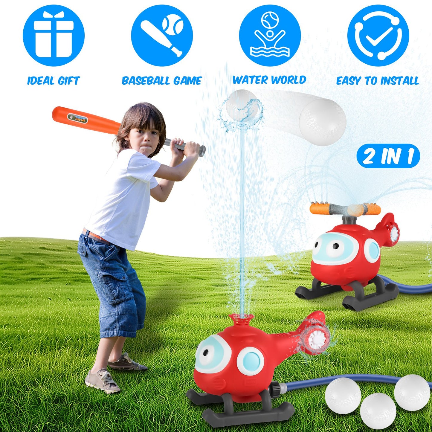 2 In 1 Water Sprinkler Baseball Helicopter Toy for Kids 360¡Rotating Water Tee Ball Set for Backyard Lawn Pool Party Outdoor Summer Game for 3+ Years