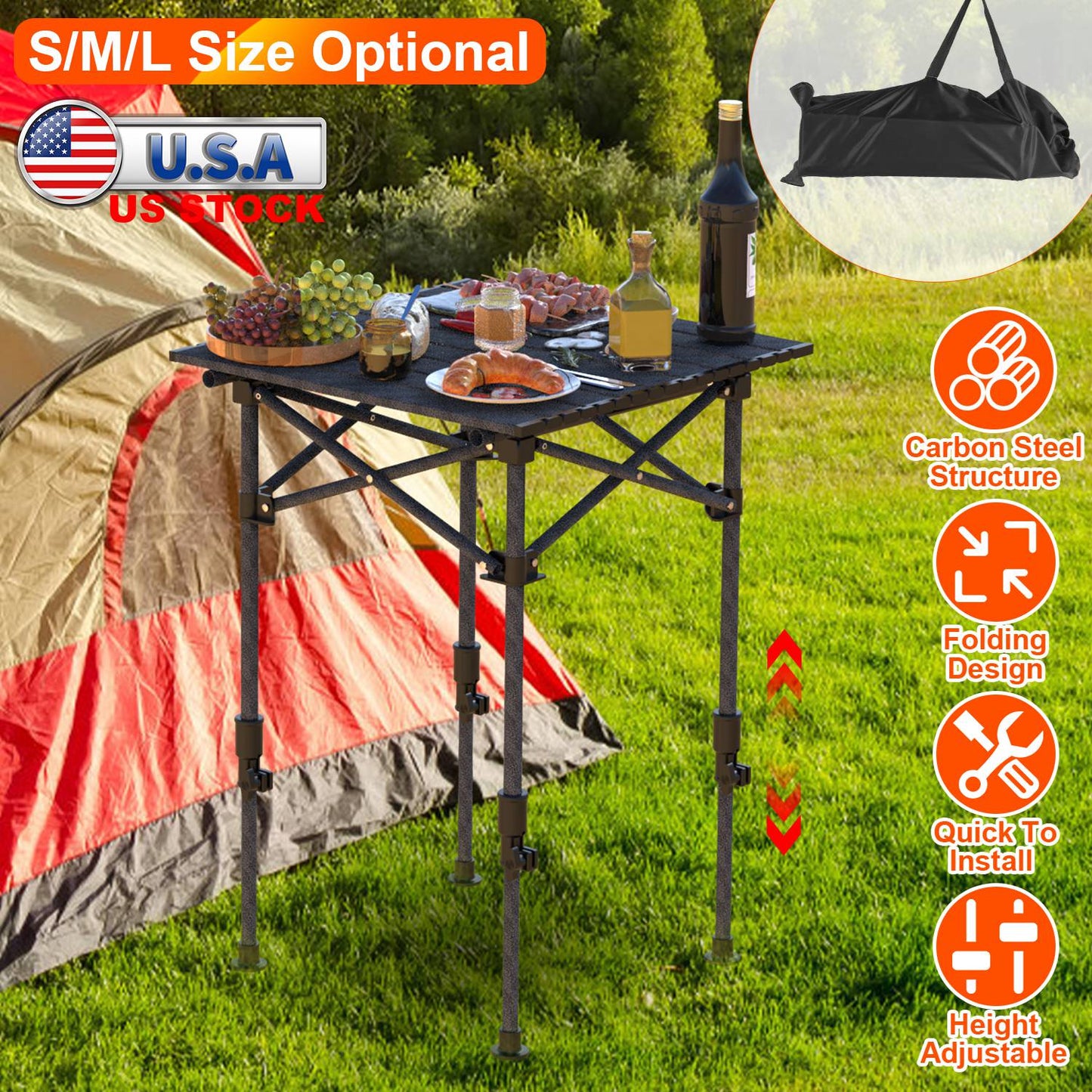 Portable Folding Camping Table With Adjustable Height Rustproof Carbon Steel Foldable Roll-Up Camping Table for Picnic Camping Hiking Beach BBQ 55LBS
