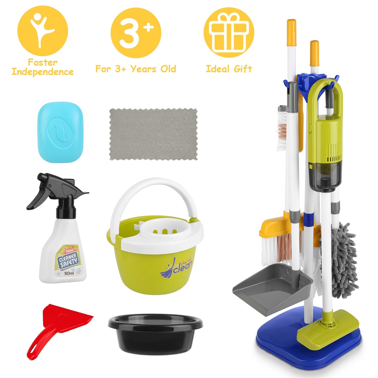 14Pcs Kids Cleaning Toy Set Toddler Housekeeping Pretend Play Kit with Vacuum Cleaner Broom Mop Organization Stand for Boys Girls Aged 3 4 5