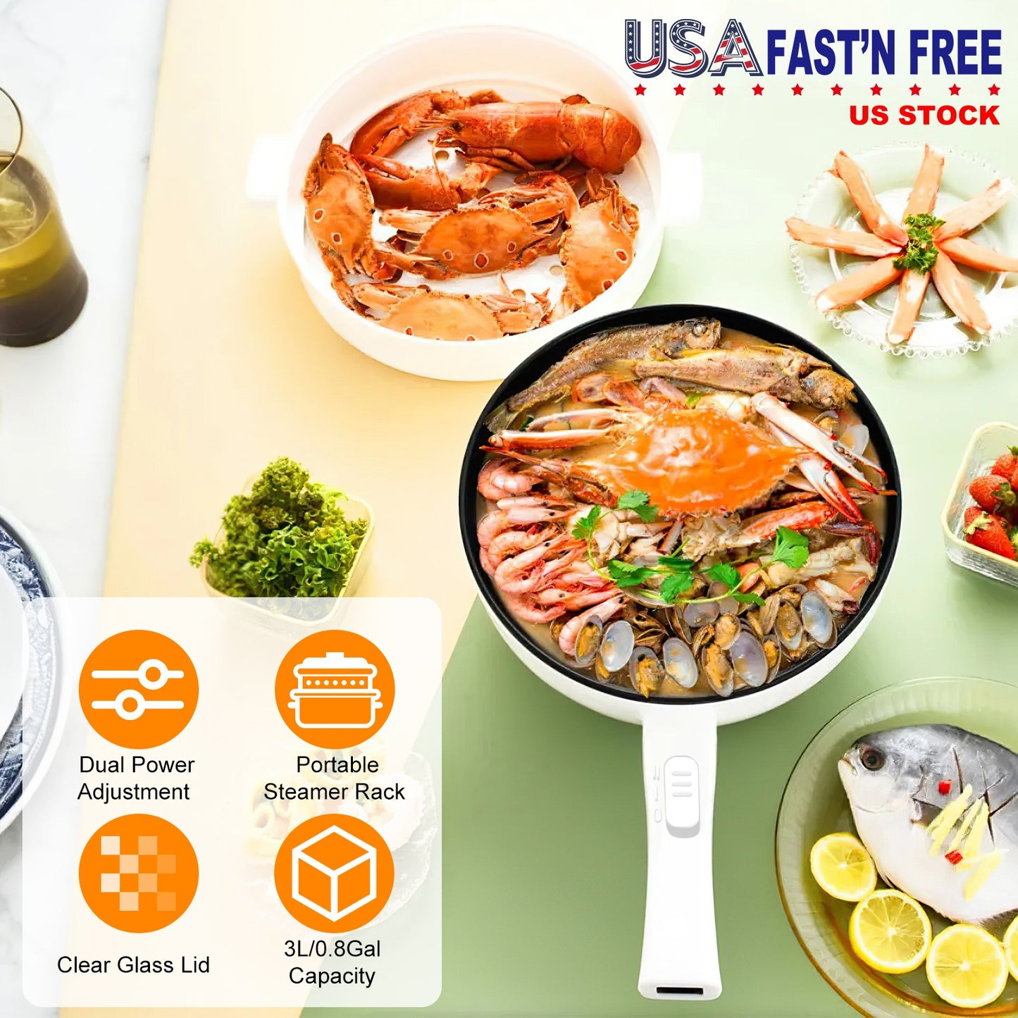 Electric Hot Pot Non-Stick Frying Pan Portable Rapid Noodles Cooker with Long Handle Steamer Spatula Dual Power Control Overheat Dry-Boil Protection f