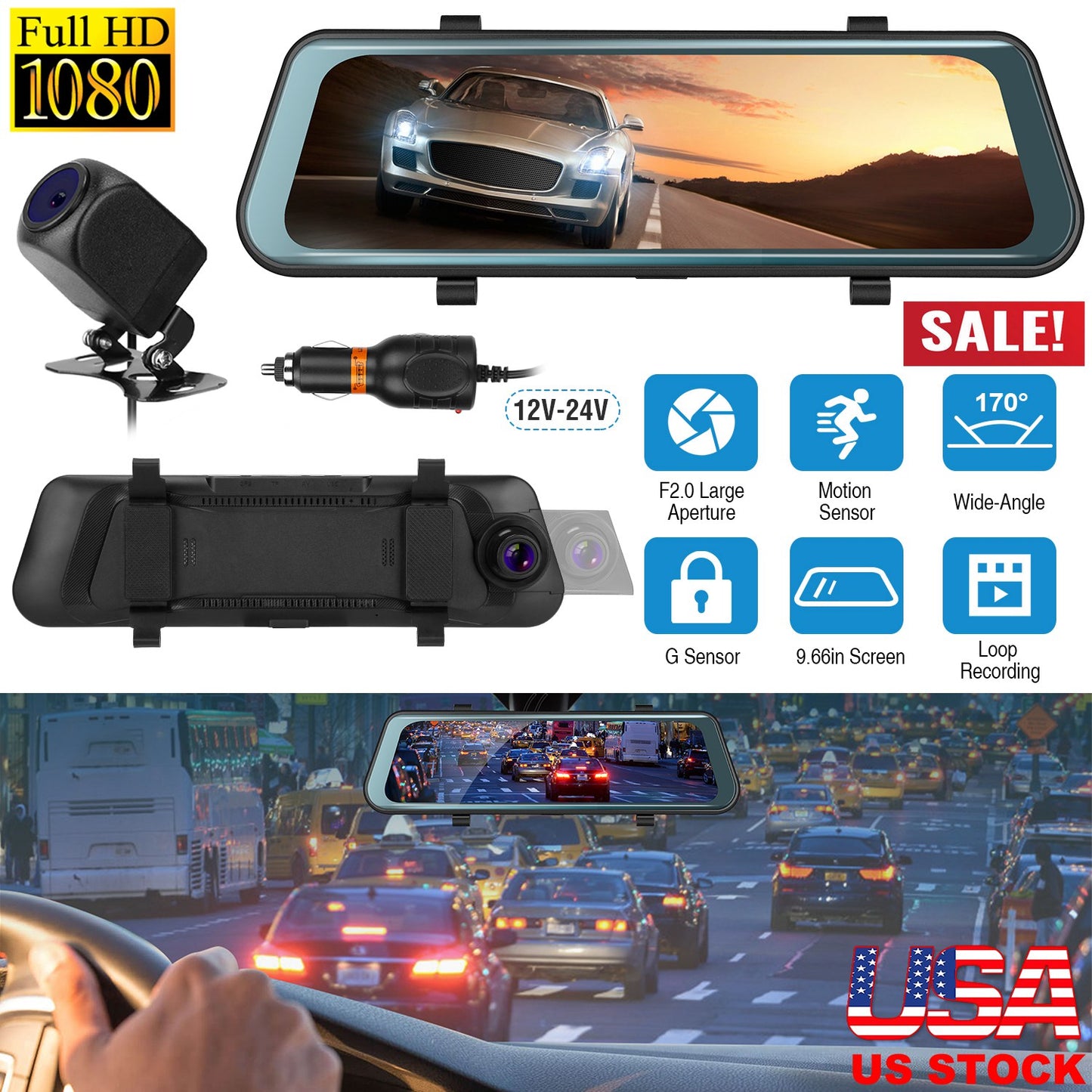 FHD 1080P Car DVR Dash Camera 9.66In Vehicle Driving Recorder w/ G Sensor Parking Monitoring Seamless Recording