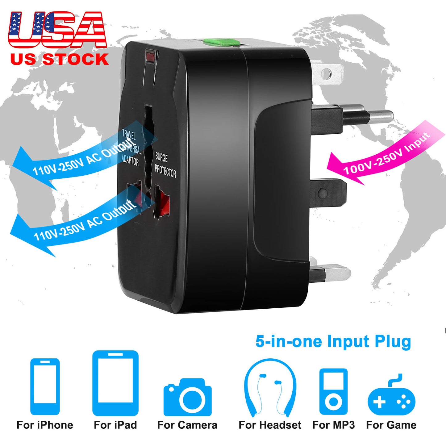 Universal Travel Adapter AC Power Plug Adapter US UK EU AUST Worldwide Socket For Phones Tablet Cameras
