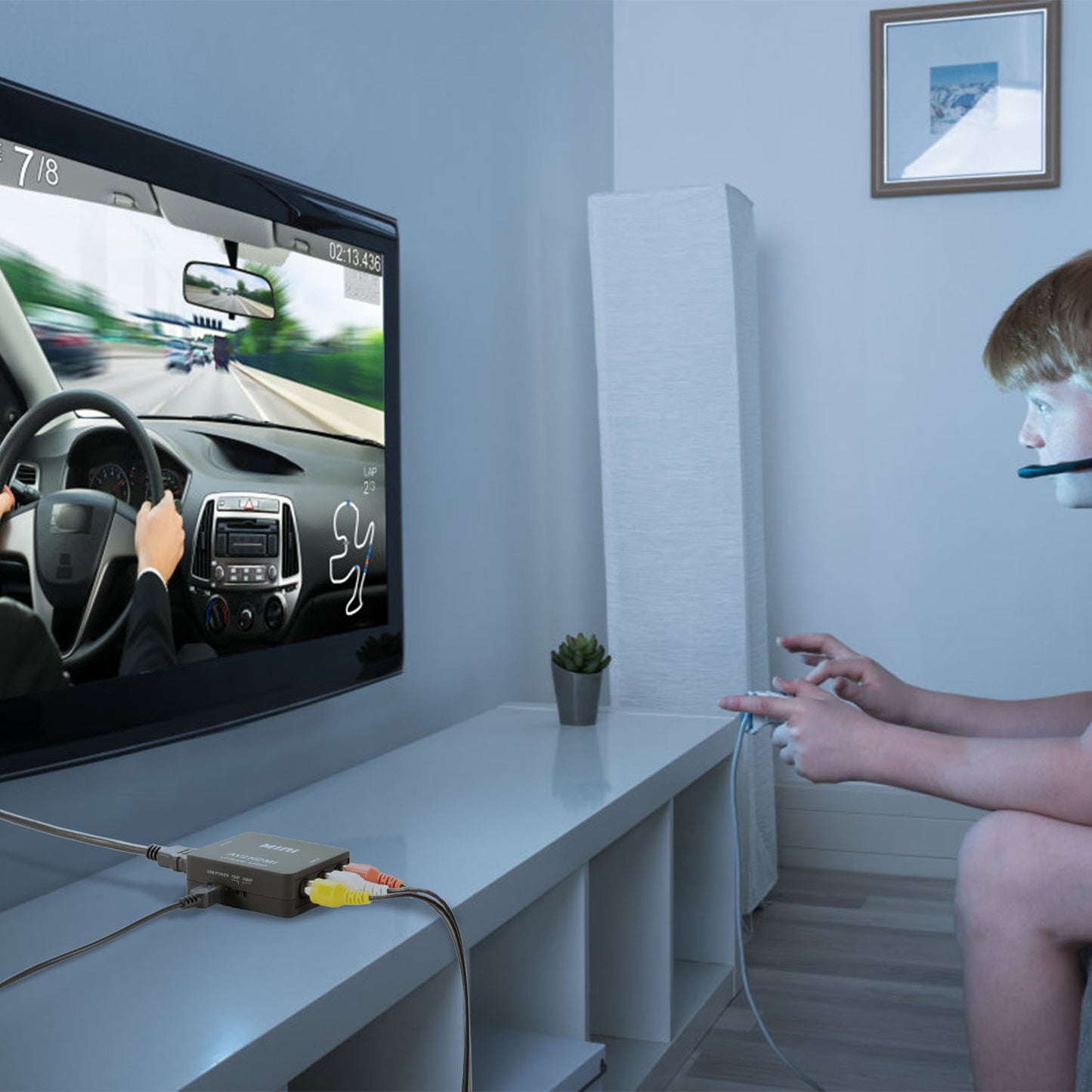 RCA to HDMI Converter 1080P AV Composite CVBS to HDMI Adapter w/ USB Video Audio Transform for Game Player DVD HDTV Projector Game Console Displayer