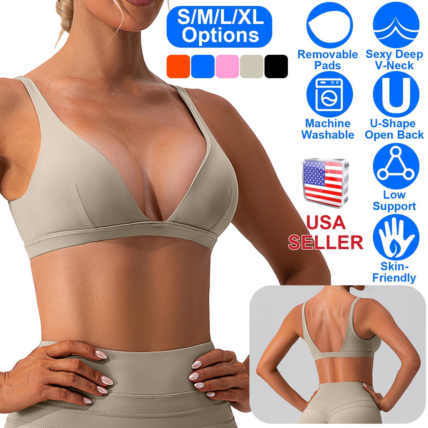Women Deep V-Neck Sports Bras U-Shaped Back Sport Bras Padded StrappyÊCrop Open Back Low Impact Bras SexyÊFitnessÊTank Tops with Removable Pads for Gy
