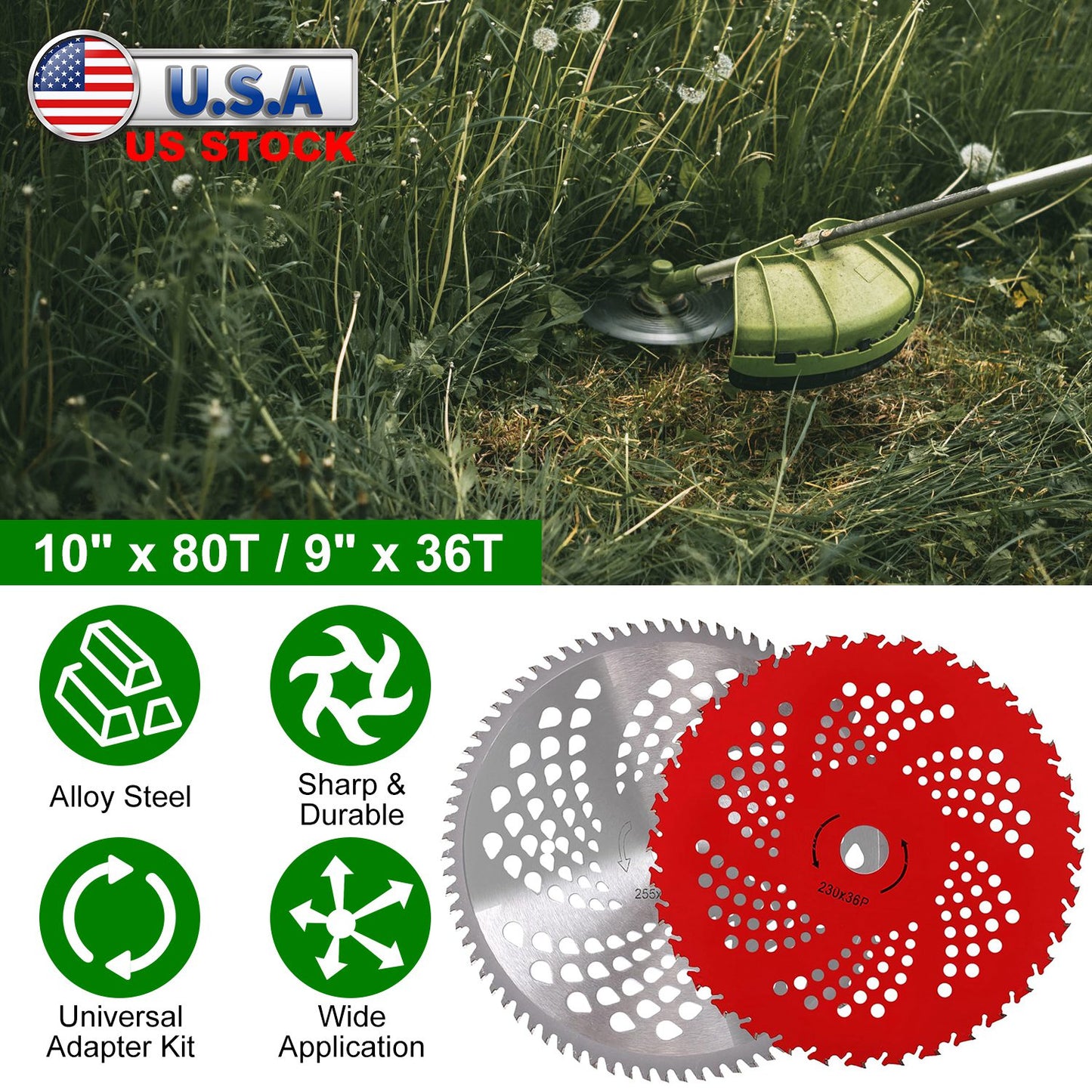 10" x 80T 9" x 36T Carbide Tip Brush Cutter Blades with Universal Adapter Kit Alloy Steel Blades Compatible with Brush Cutter Trimmer Weed Eater