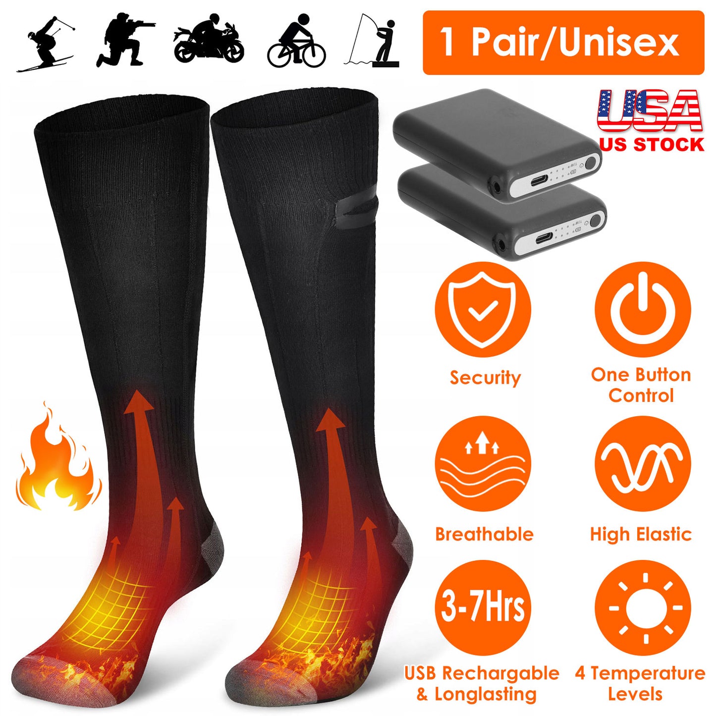 Electric Heated Socks for Men Women Battery Powered Heated Socks Rechargeable Feet Warmer with 4 Temperature Levels Indoor Outdoor Machine Washable
