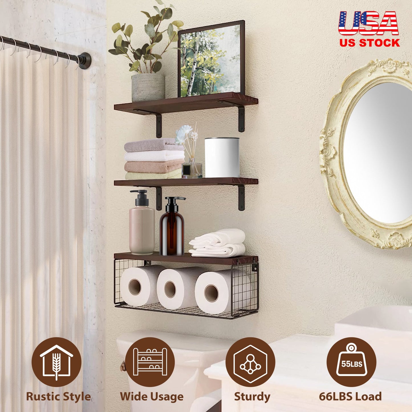 2 In 1 Floating Shelves Wall Mounted with Storage Basket Bathroom Shelves Over Toilet Wooden Shelves for Bedroom Living Room Kitchen Office Wall Decor