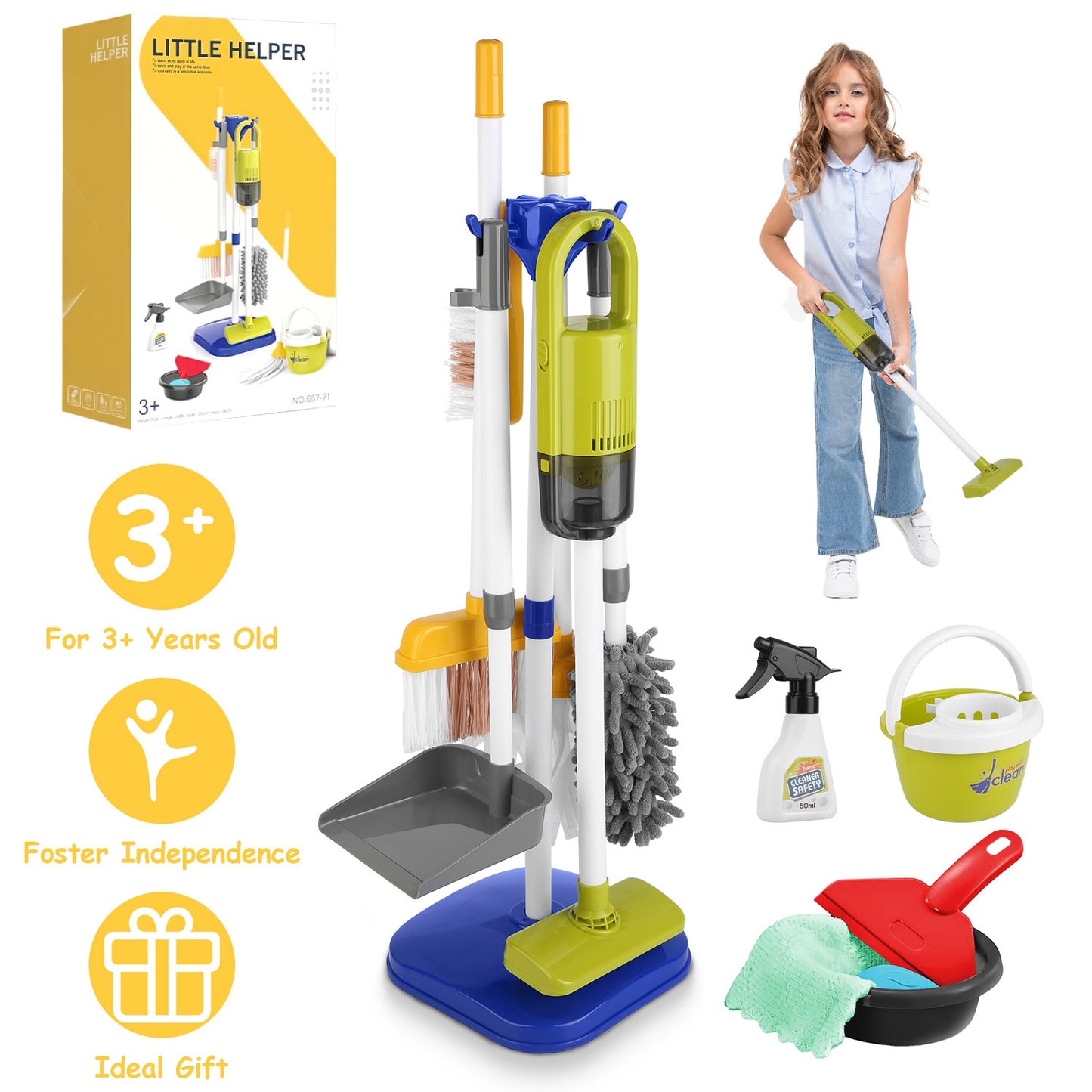 14Pcs Kids Cleaning Toy Set Toddler Housekeeping Pretend Play Kit with Vacuum Cleaner Broom Mop Organization Stand for Boys Girls Aged 3 4 5