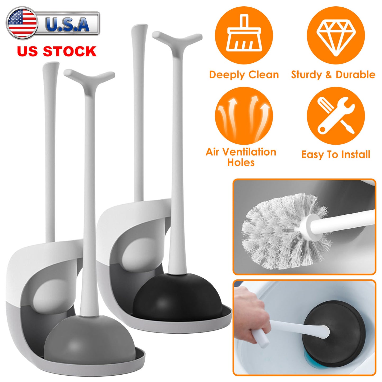 Toilet Plunger and Brush Combo Set with Ventilated Holder 2 in 1 Toilet Cleaning Tools Set with Caddy Stand for Bathroom