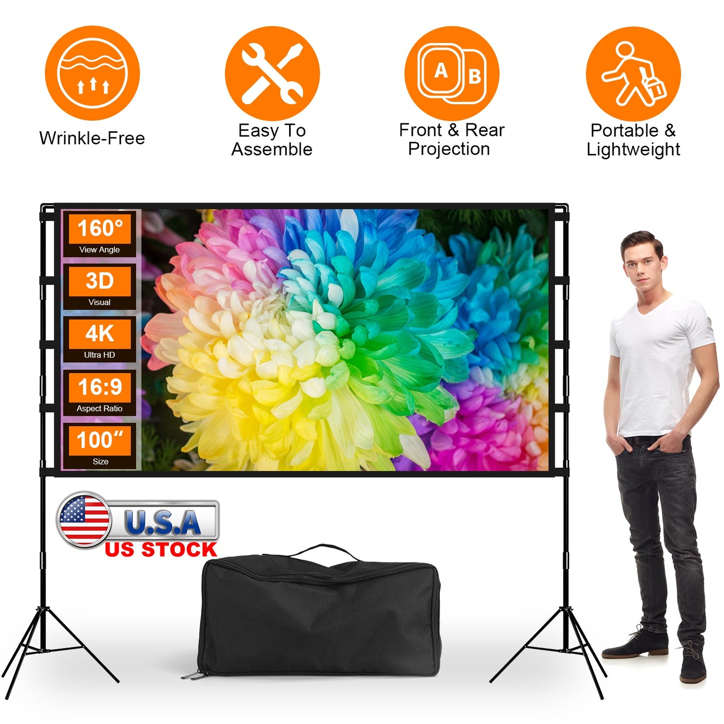100inch Projector Screen with Stand 16:9 4K HD Rear Front Wrinkle-Free Portable And Foldable Movie Screen with Carry Bag For Indoor Outdoor Home Theat