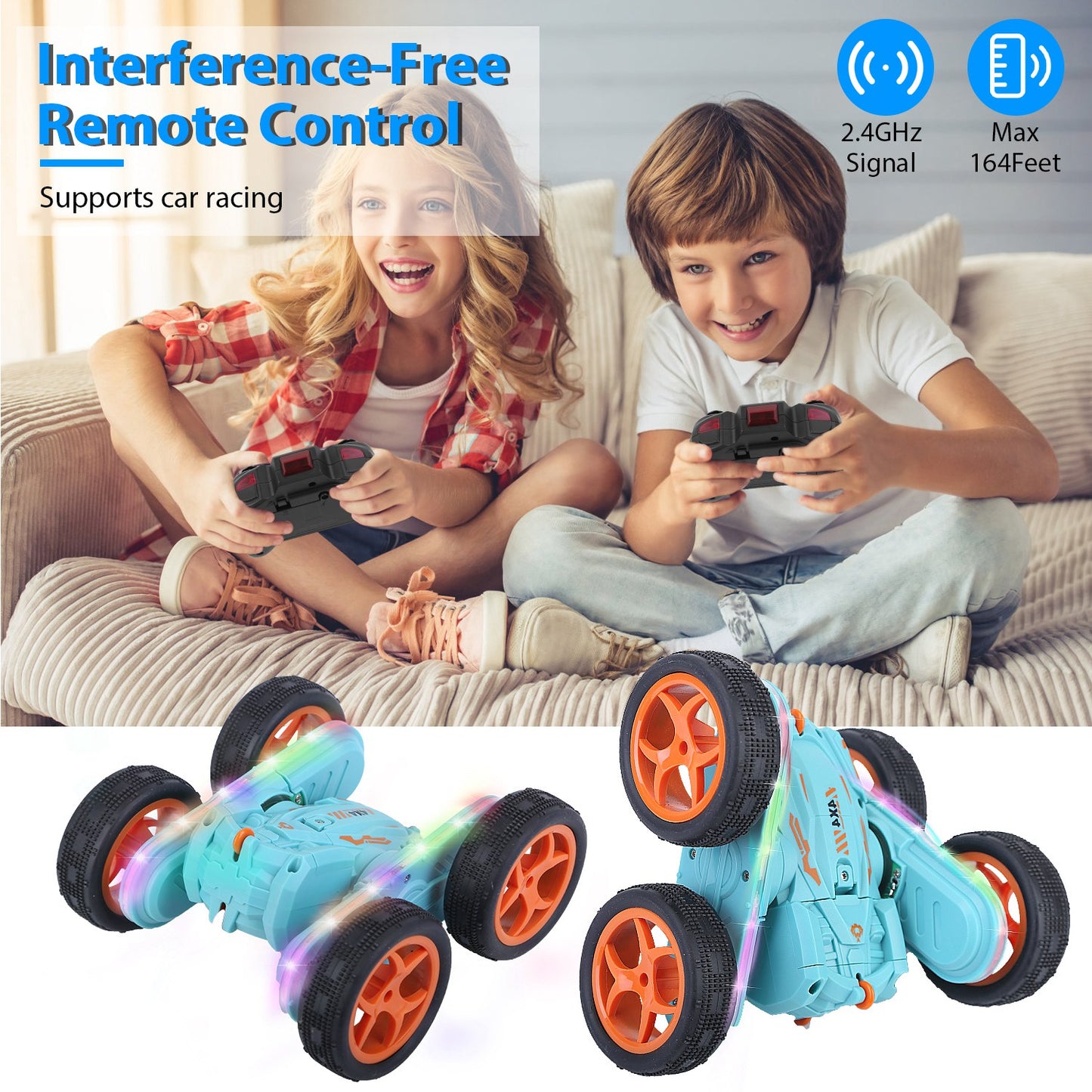 Kid Driving RC Stunt Car 7 Color Strip Light Dynamic Music Swing Arm Double-sided Rolling Remote Control Car Off Road 2.4GHz 4WD Rechargeable Racing