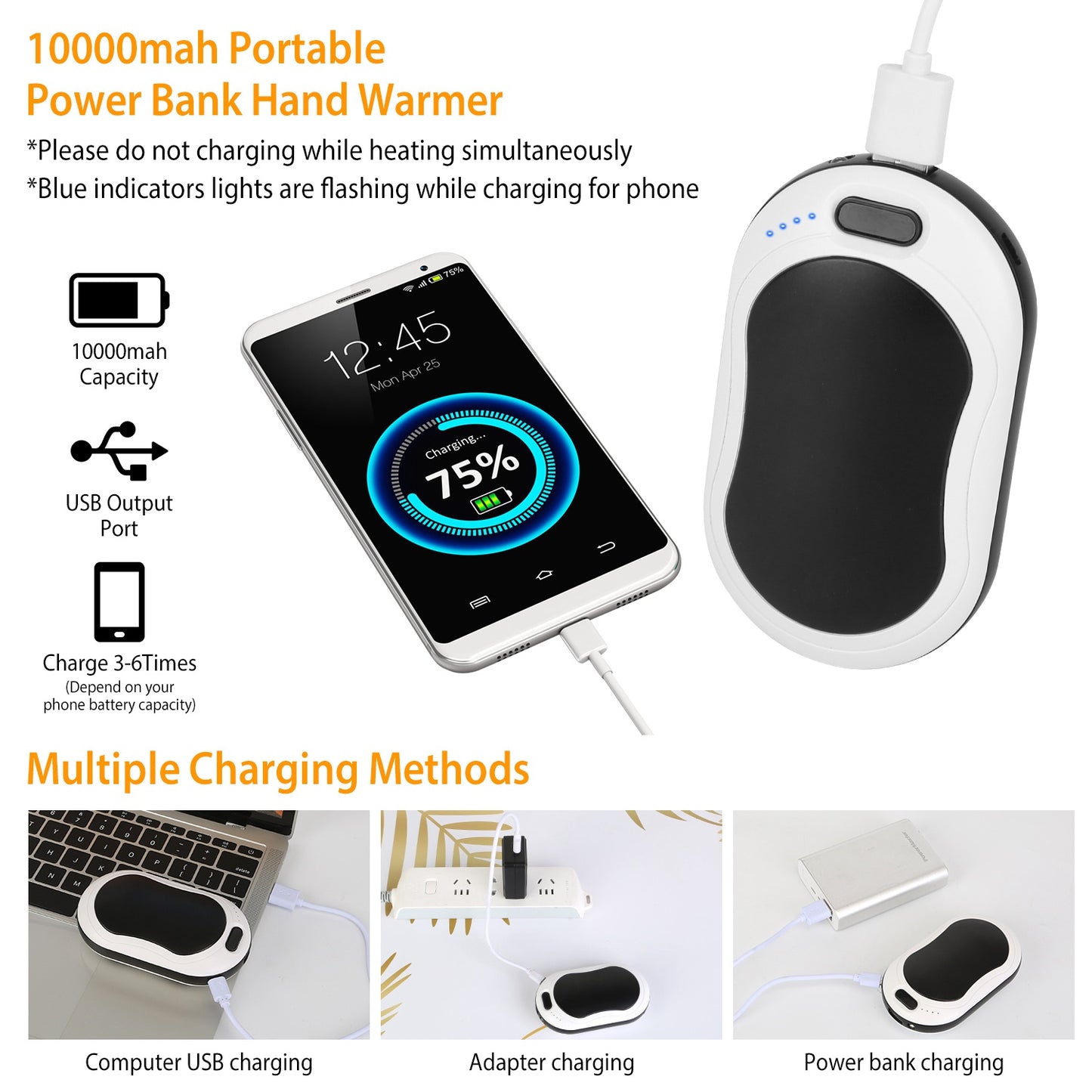 Portable Hand Warmer 10000mAh Power Bank Rechargeable Pocket Warmer Double-Sided Heating with Flashlight 3 Temperature Adjustment