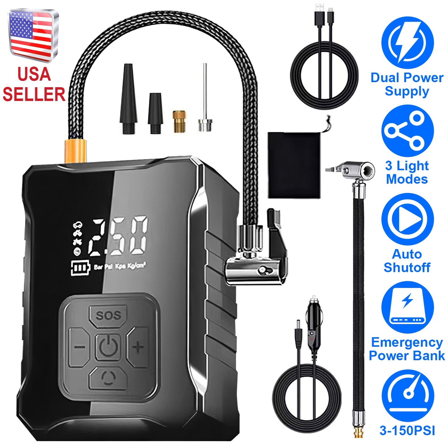150PSI Cordless Tire Inflator with Car Charger Digital Air Compressor with LED Light Emergency Power Bank for Cars Motorcycles Bicycles Balls