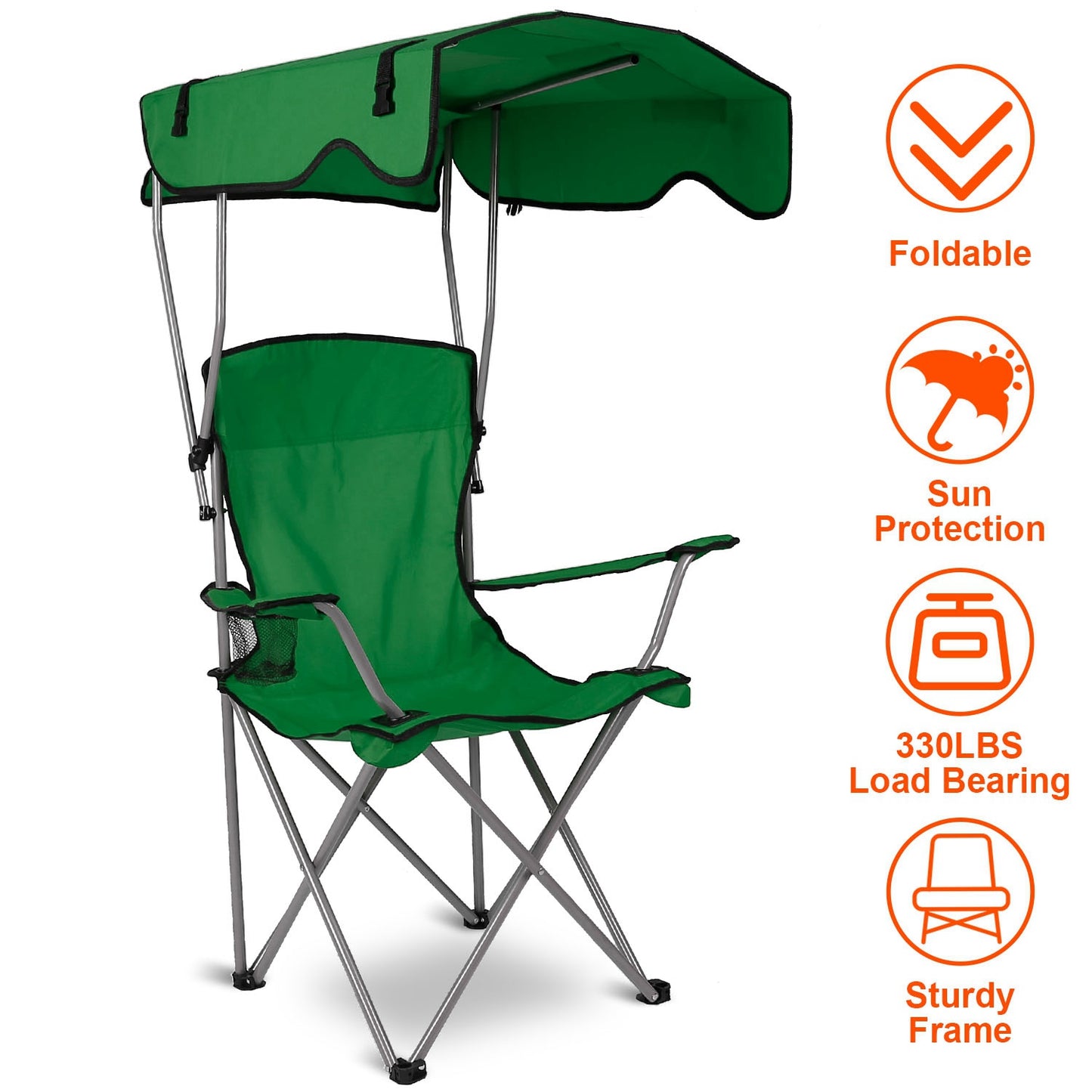 Foldable Beach Canopy Chair Sun Protection Camping Lawn Canopy Chair 330LBS Load Folding Seat w/ Cup Holder For Beach Poolside Travel Picnic