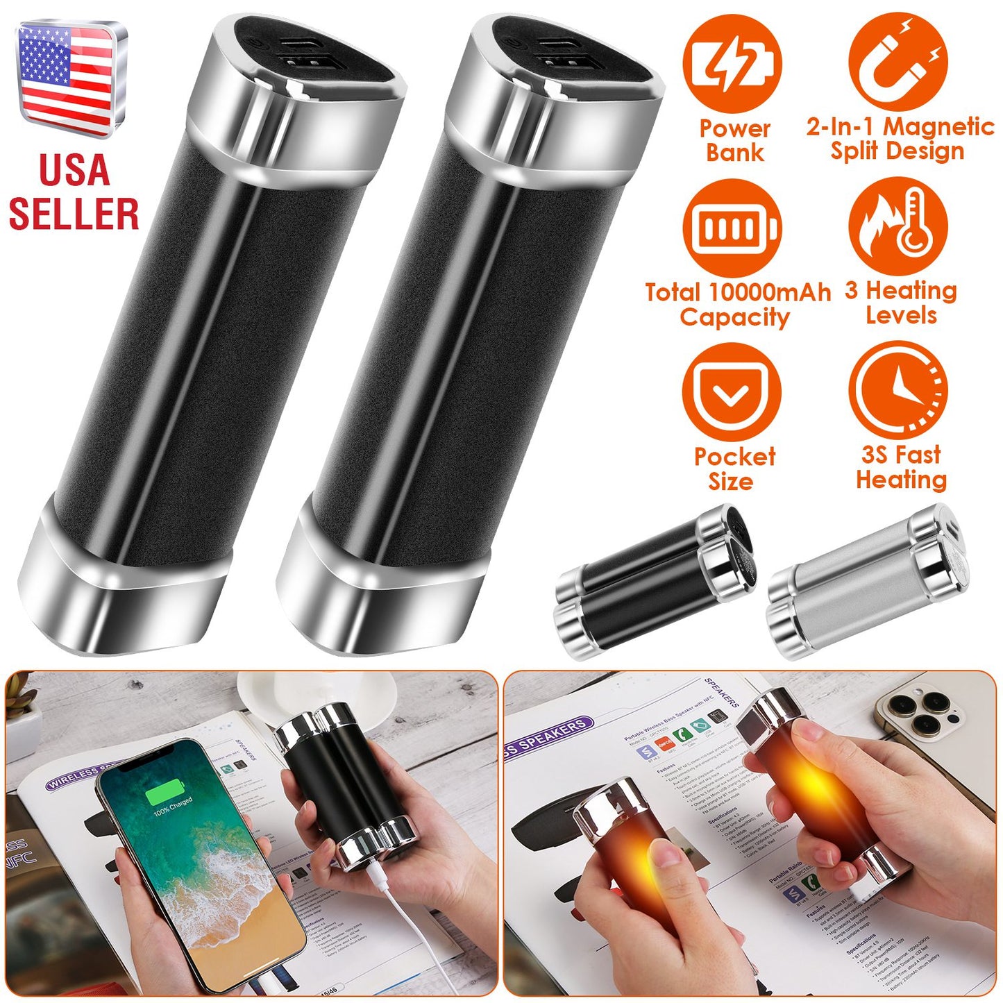 2 Packs 10000mAh Split-Magnetic Handwarmers 2 in 1 Portable Electric Pocket Heater Power Bank Portable Charger with 3 Heating Levels for Camping Hunt