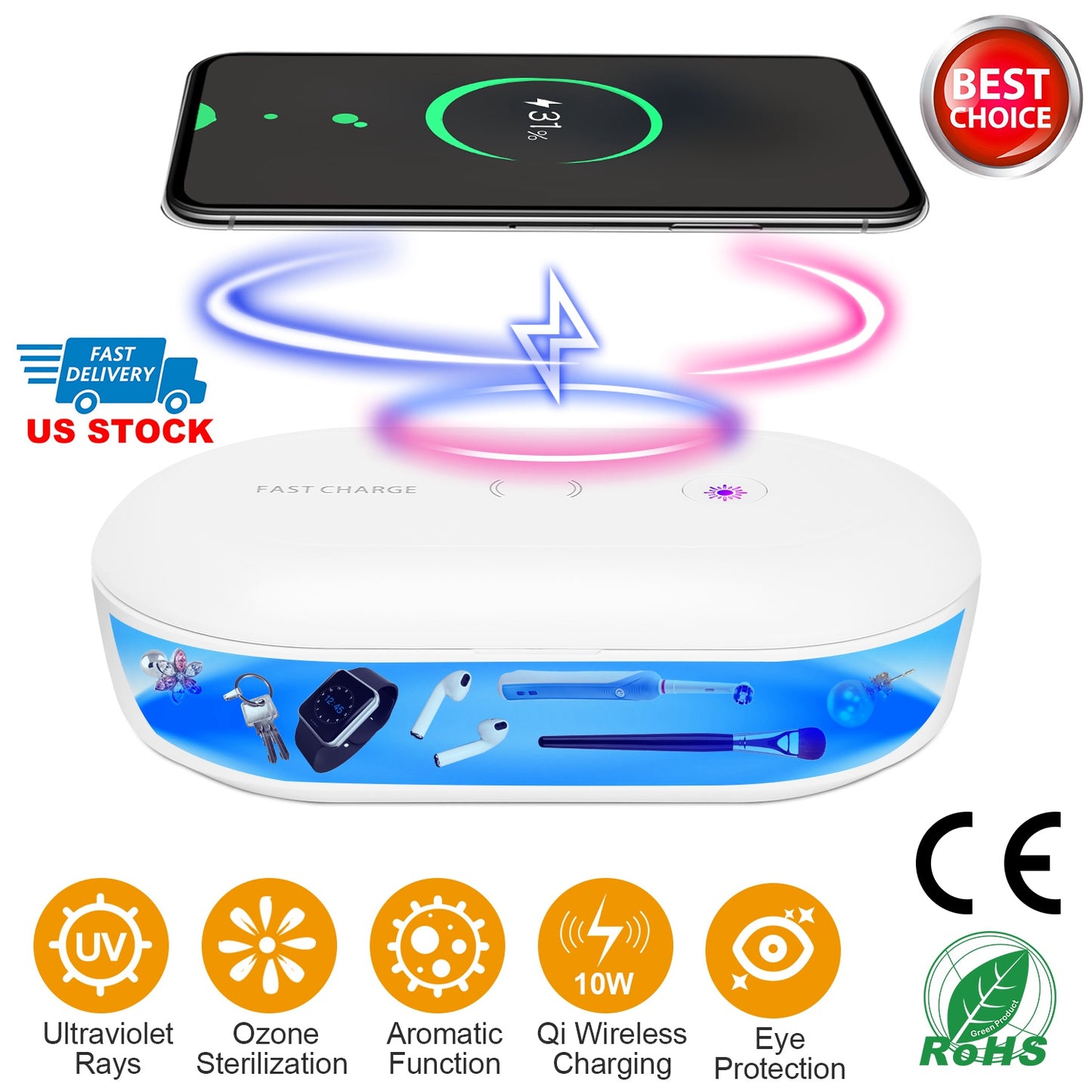 UV Light Sanitizer Box Portable 10W Phone Wireless Charging Disinfection Lamp w/ Aroma Diffuser Sterilizing Box For Jewelry Watch Wallet Keys
