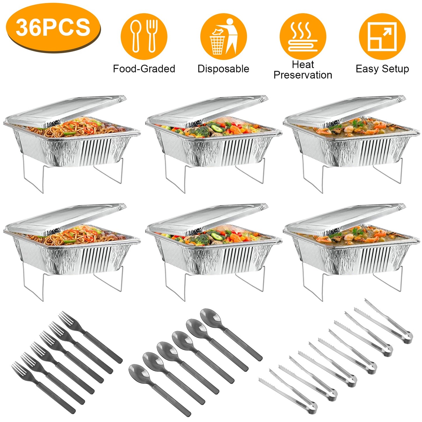 36Pcs Disposable Chafing Dish Buffet Set Food Warmers For Party Buffet Server Catering Supplies With Covers Utensils Half Size Food Pans For Parties E