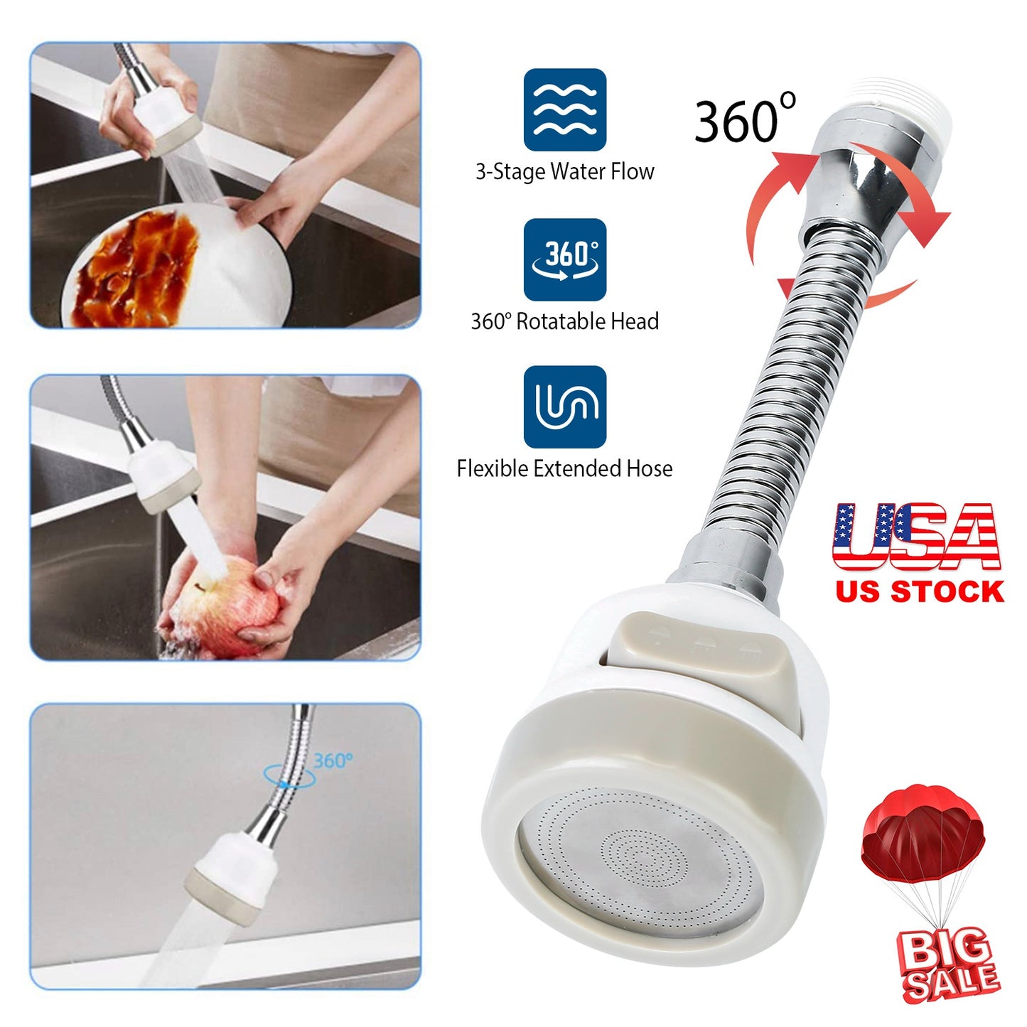 Movable Kitchen Tap Head 360¡ Rotatable Swivel Water-Saving Faucet Anti-Splash Sink Tap Head Spray Aerator w/ Three Modes Flexible Extended Hose For H