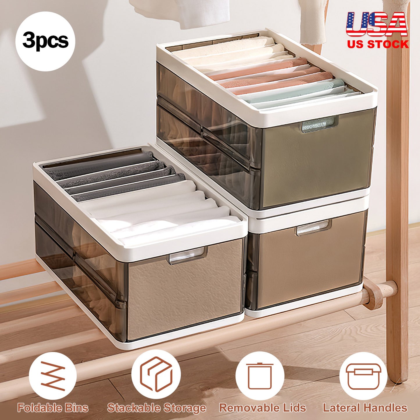 3 Pack Foldable Storage Bin with Lid Stackable Plastic Closet Organizer with Handle Divider Collapsible Drawer Organizer for Toys Clothes