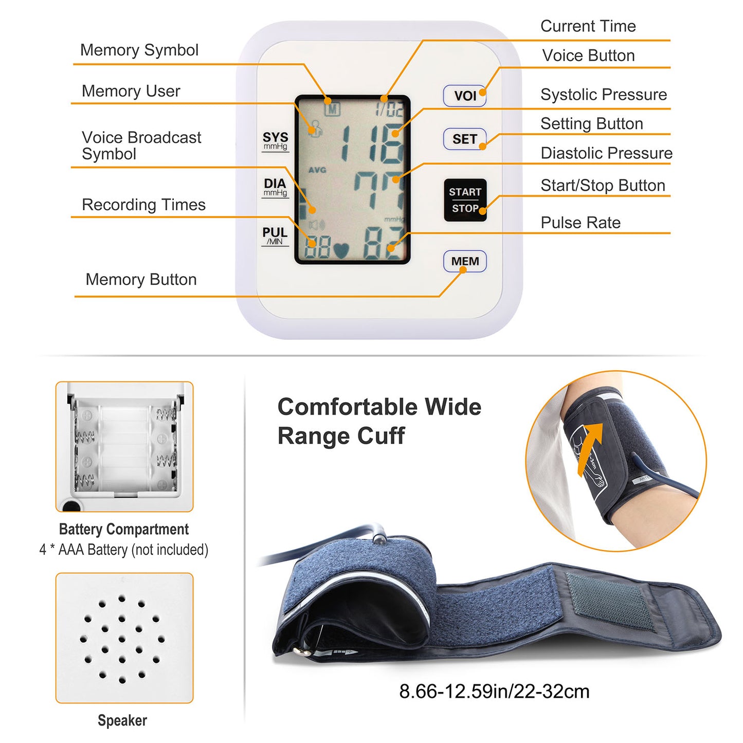 Arm Blood Pressure Monitor with Adjustable Cuff (8.7in-12.6in) Irregular Heartbeat Detector Voice Broadcast 2UsersÊ99 Memories LCD Display CE FDA Appr