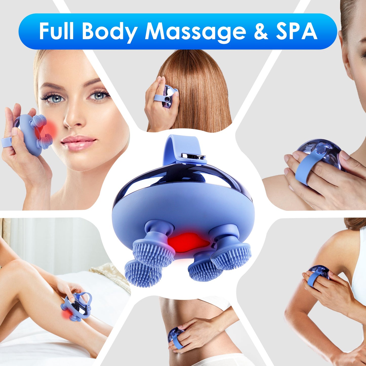 Electric Scalp Massager Rechargeable Head Mssager IPX7 Waterproof Dog Cat Massager with Red Light 3 Modes 3 Types of Massage Claws for Men Women Elder