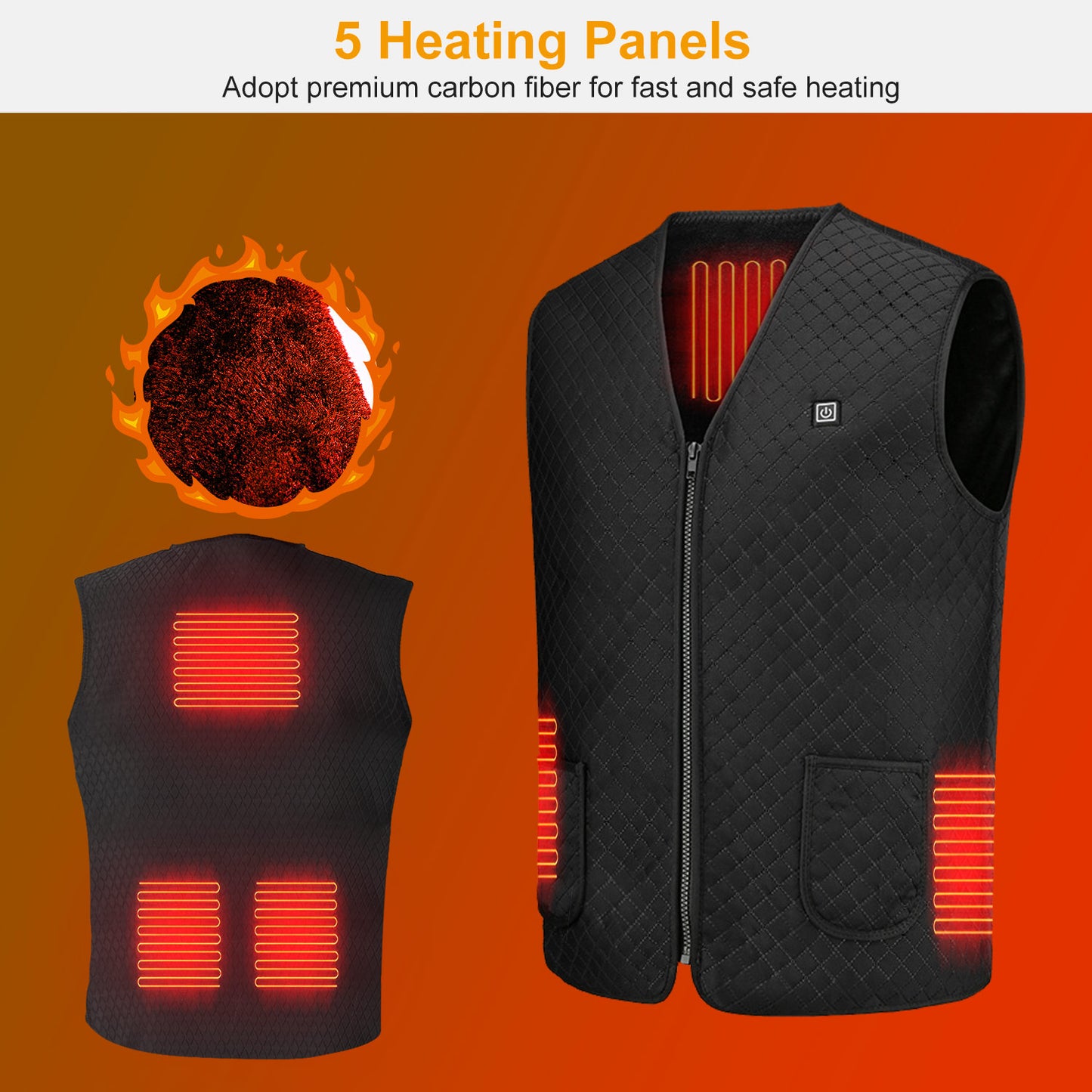 Heat Jacket Vest 3 Heating Gear Adjustable USB Heated Vest Warm Heat Coat Vest w/ 5 Heating Zones For Men Women Winter Outdoor Activity