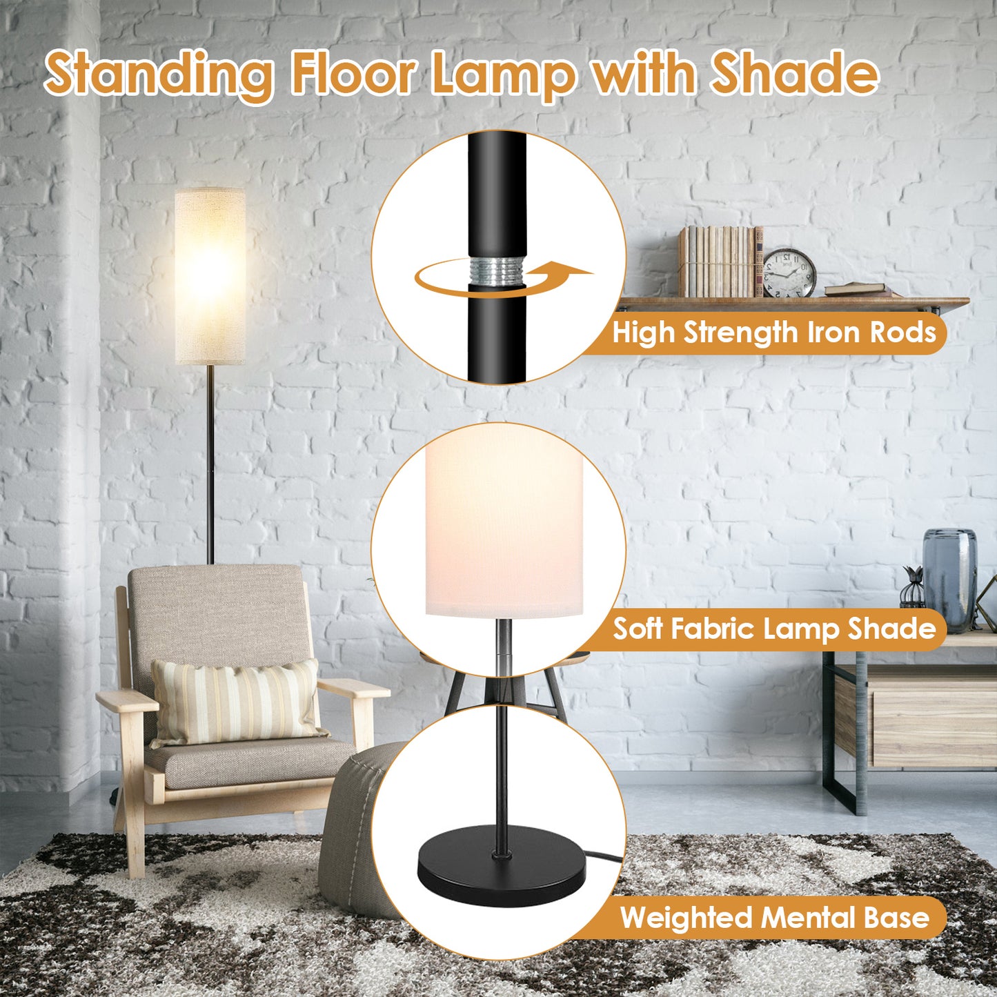 74.8in Tall Floor Lamp with Shade 3200K Warm Yellow Light Modern Standing Lamp Decorative Lamp with Foot Switch 6W Bulb for Bedroom Living Room