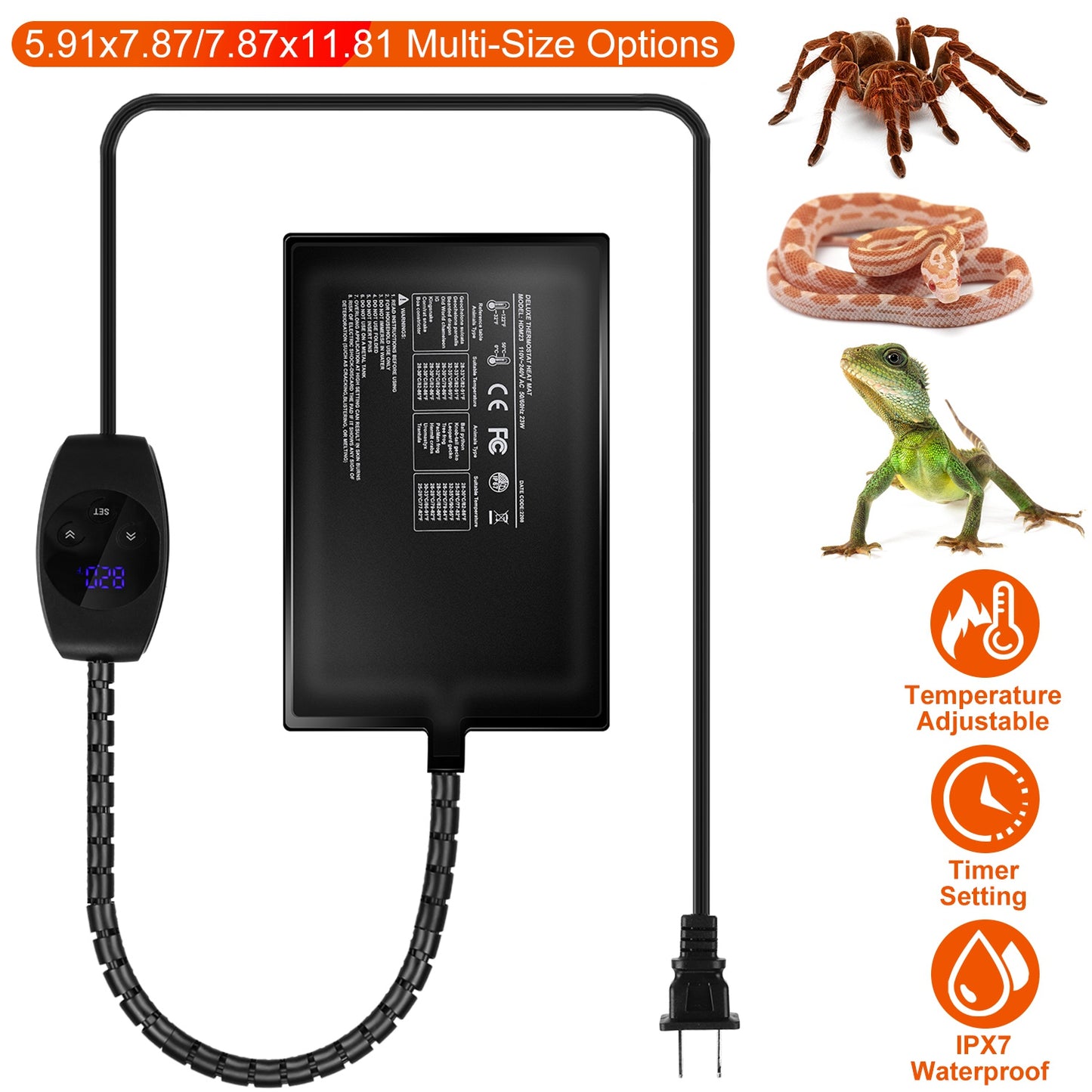 Electric Reptile Heating Pad With 32-122¡F Temperature Adjustment IPX7 Waterproof Timer Setting Under Tank Heating Mat for Lizards Turtles Snake Spide