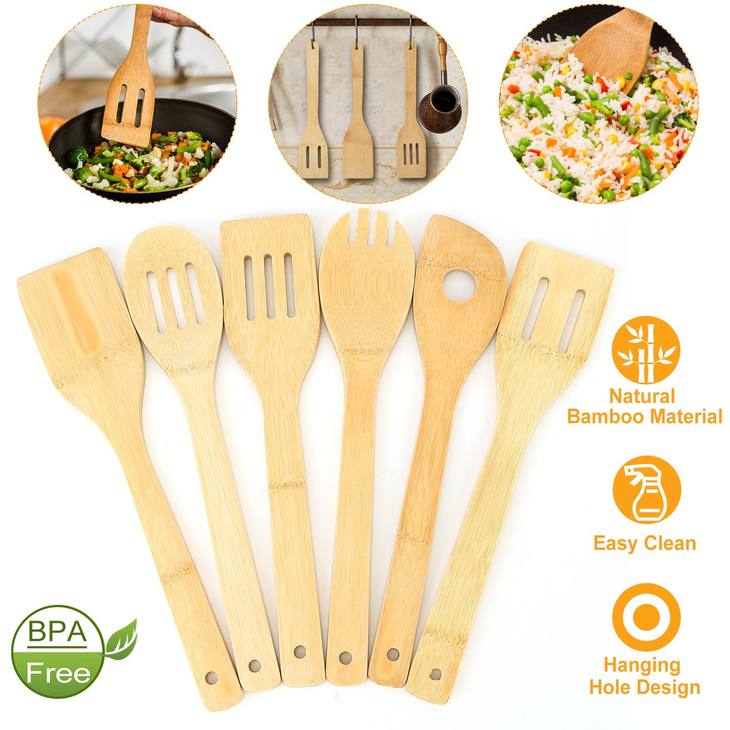 6Pcs Cooking Utensil Bamboo Wooden Spoons Spatula Kitchen Cooking Tools Nonstick Wooden Cookware Kitchen Gadgets